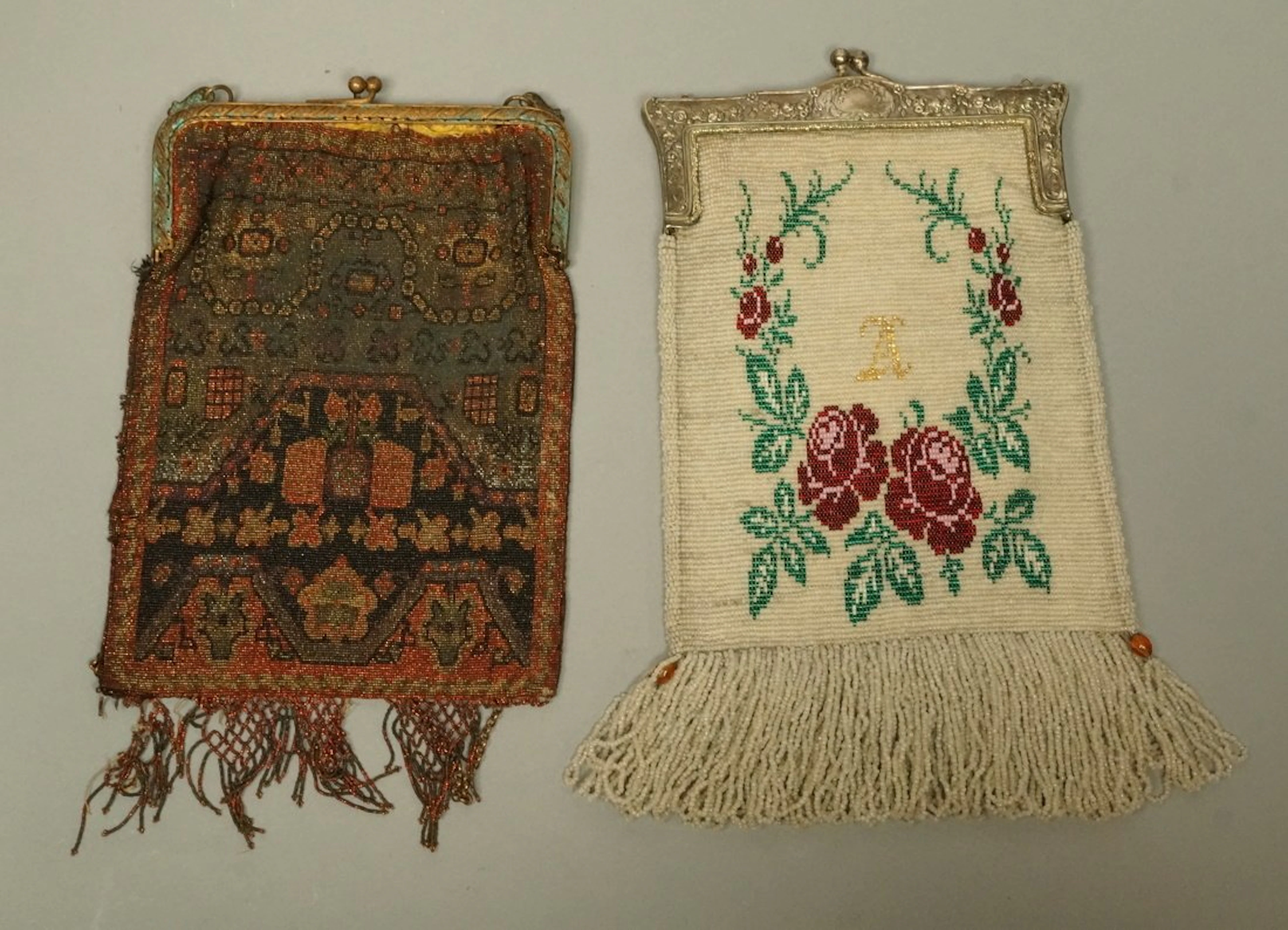Lot two antique beaded purses handbags. 1) White