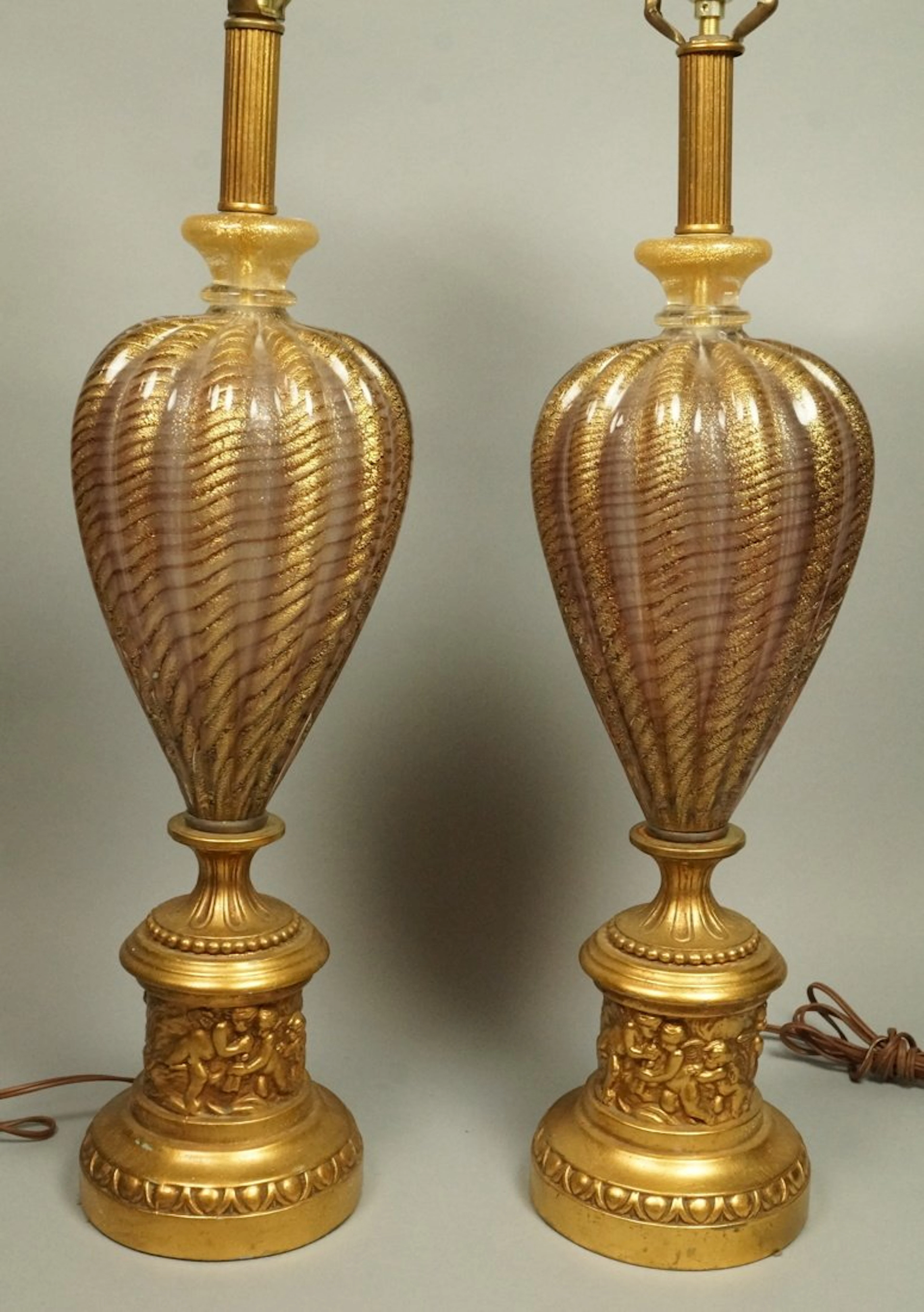 Pr Murano Art Glass Lamps. Cranberry striped glas