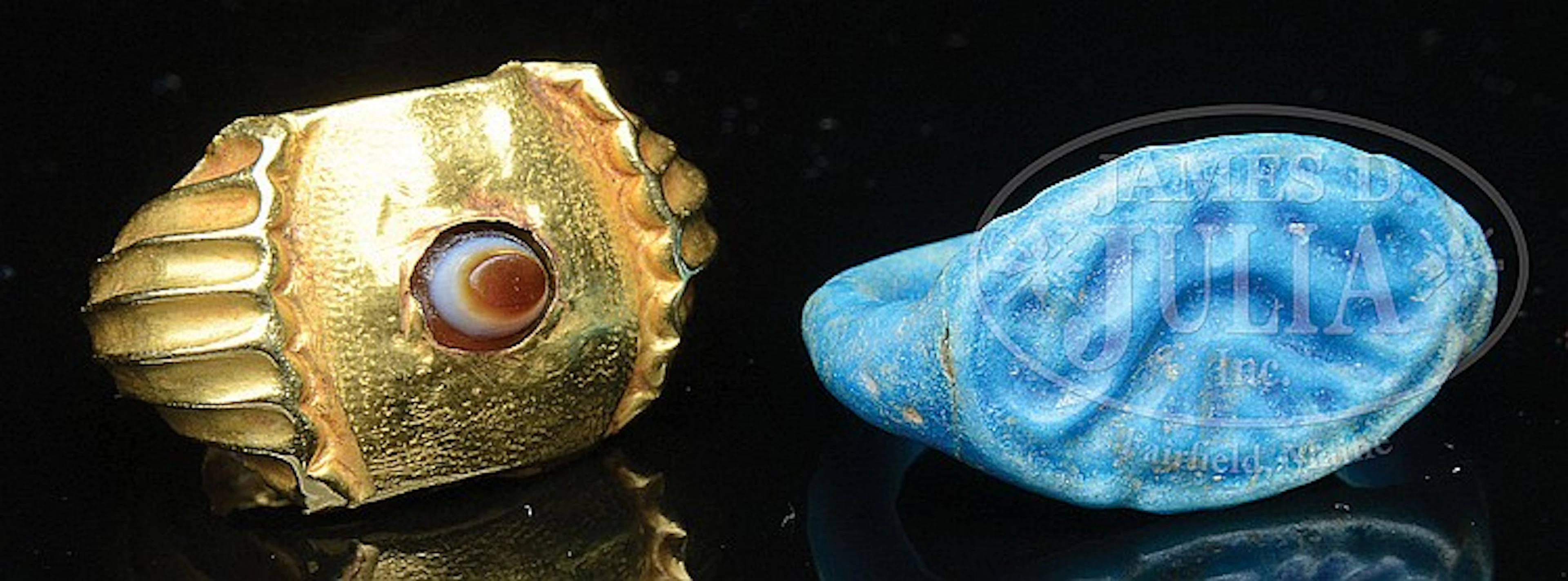 STAMPED GOLD AND AGATE RING ALONG WITH A BLUE GLAZED RING.