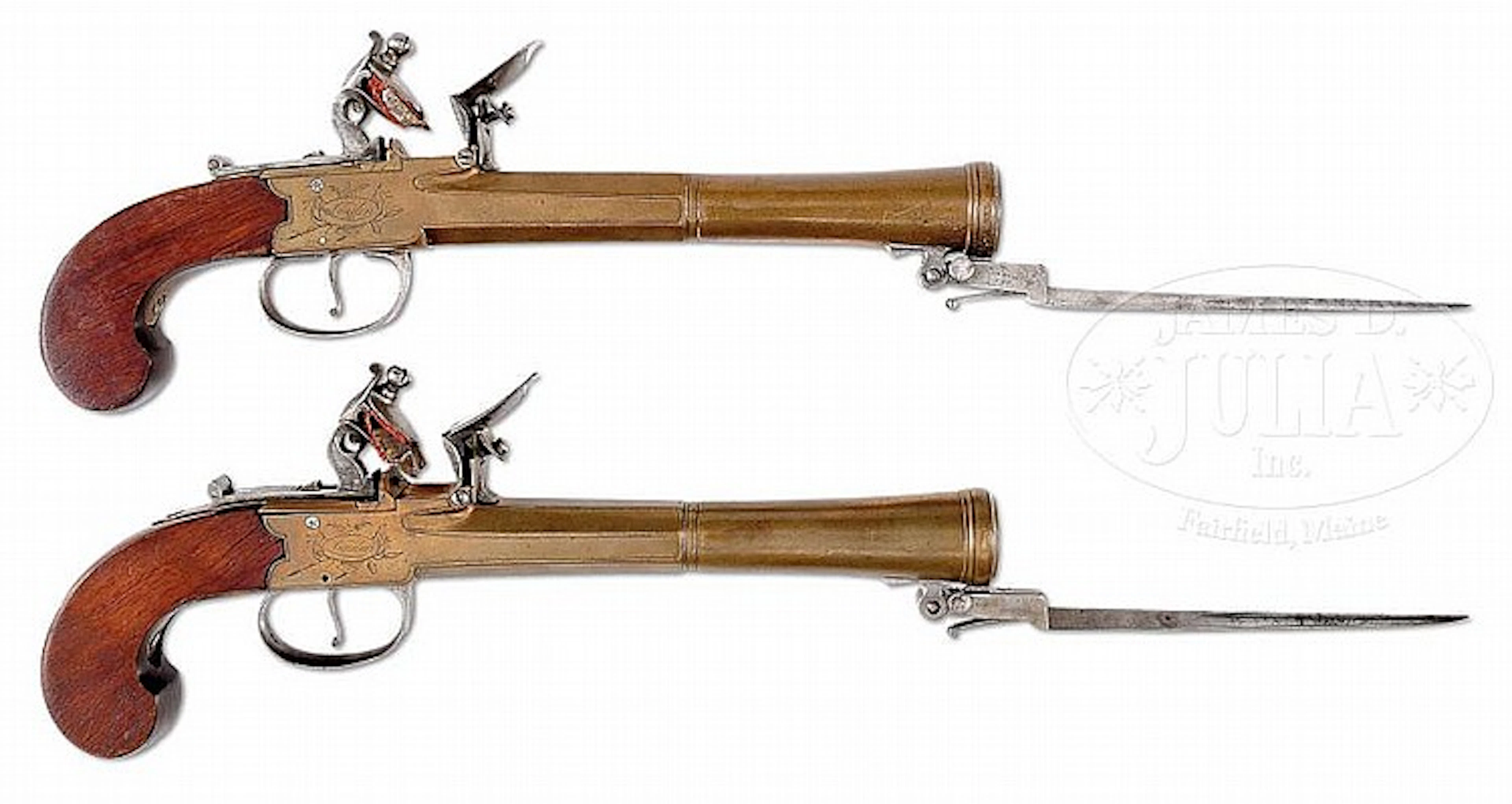 GOOD PAIR OF LARGE SHOWY BRASS CANNON BARREL SPRING BAYONET BLUNDERBUSS