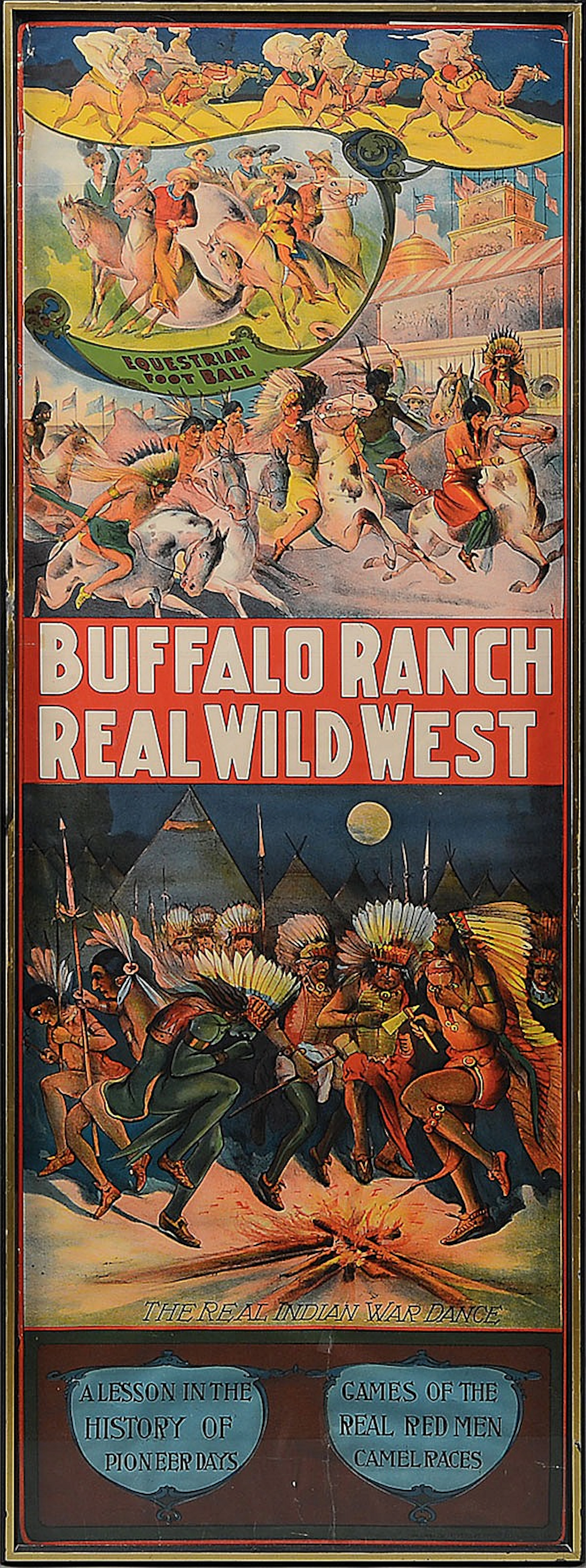 BUFFALO RANCH REAL WILD WEST POSTER WITH COWBOY AND INDIAN MOTIFS.