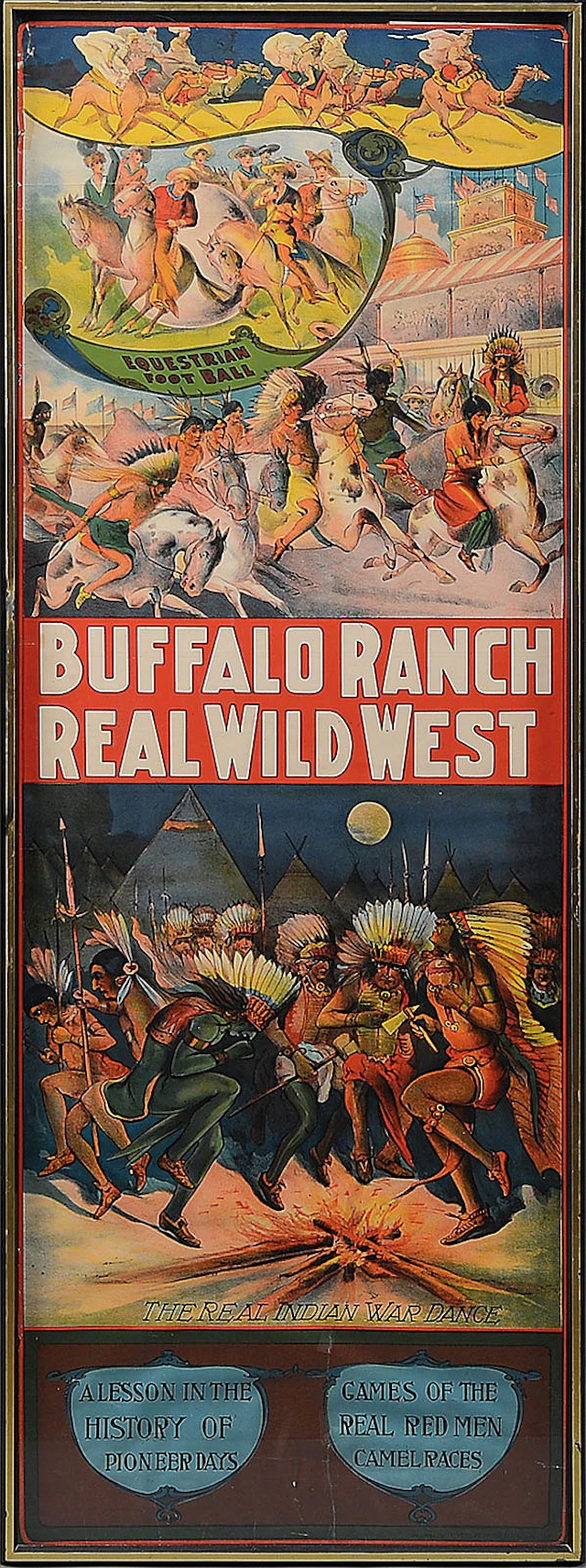 BUFFALO RANCH REAL WILD WEST POSTER WITH COWBOY AND INDIAN MOTIFS.