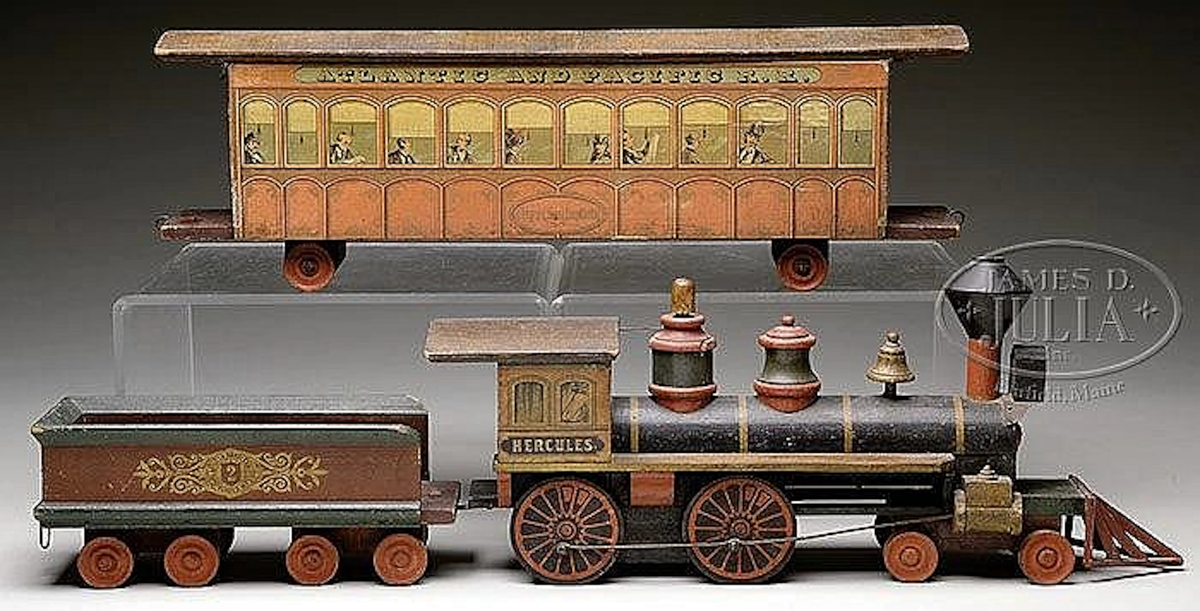 THREE PIECE WOODEN PARLOR TRAIN SET.