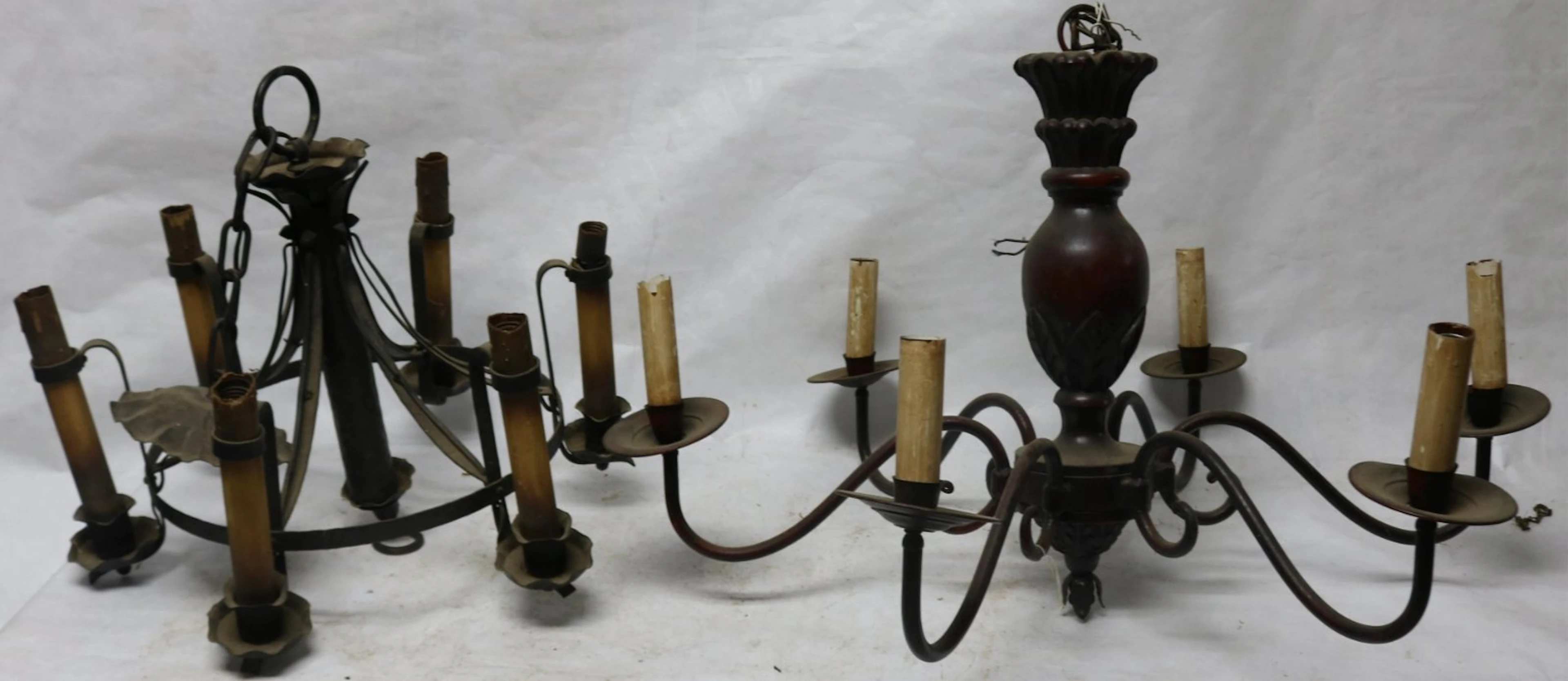 2 CONTEMPORARY CHANDELIERS, ONE IRON WITH 6