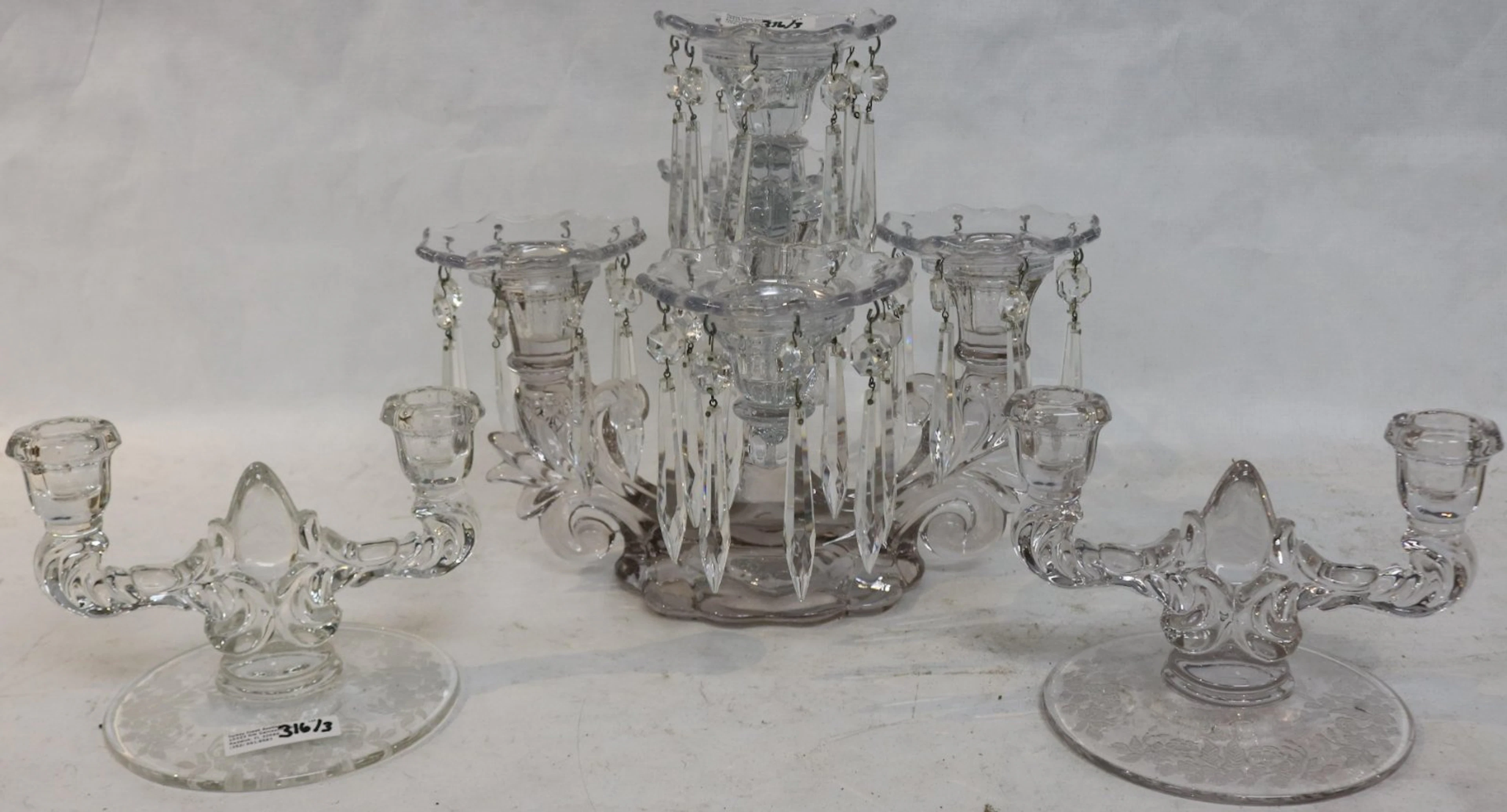 3 CLEAR GLASS ELEGANT DEPRESSION CANDLESTICKS,