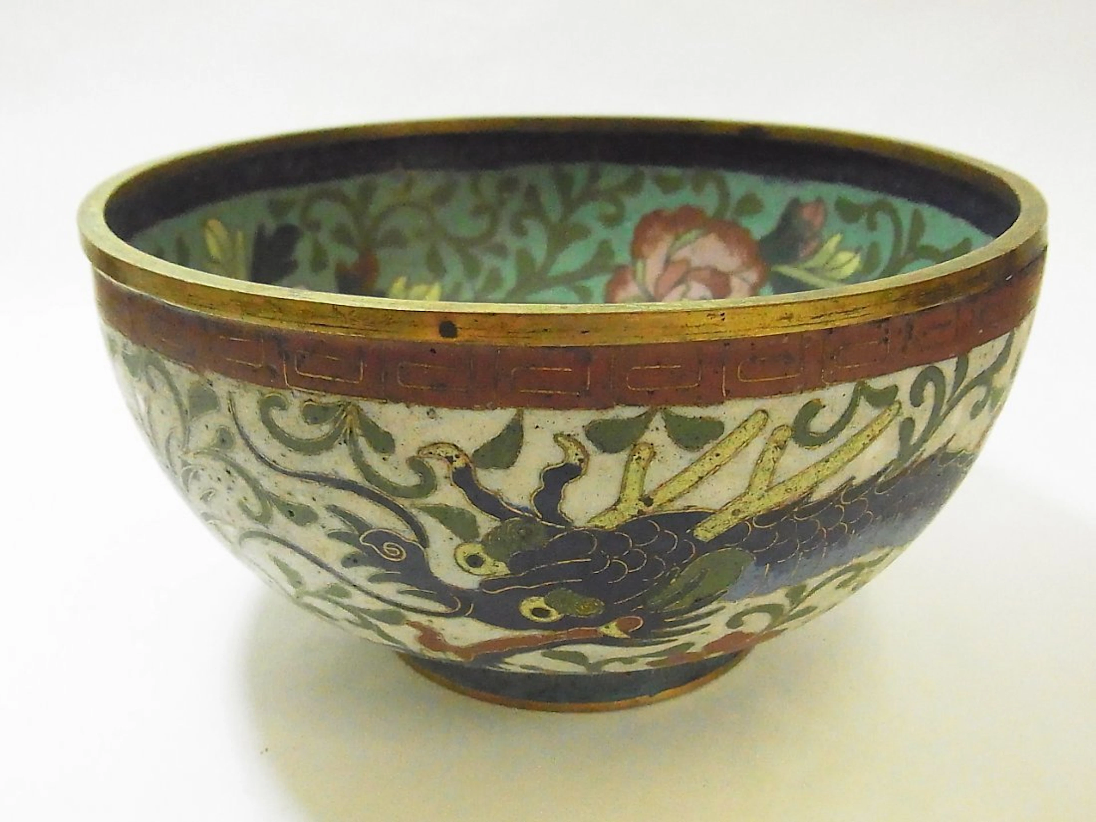 Signed Cloisonné Dragon Bowl 7 1/4 diameter