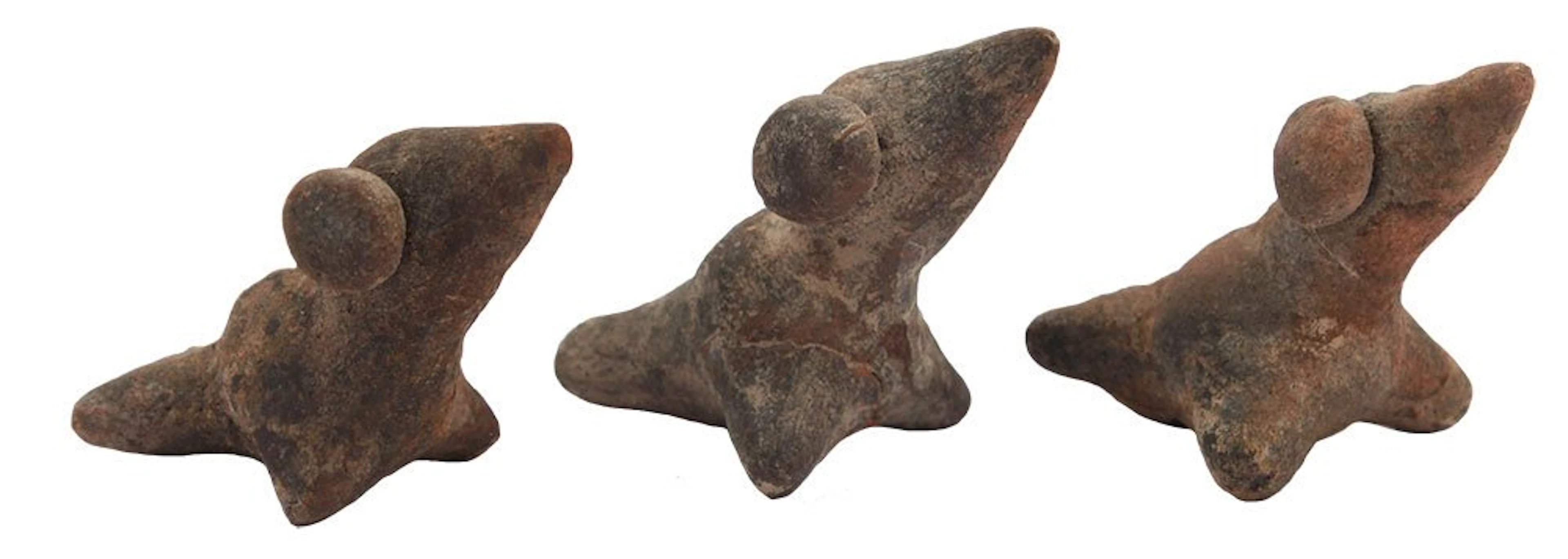 Group of 3 Matching Bird Effigy Pottery Whistles.