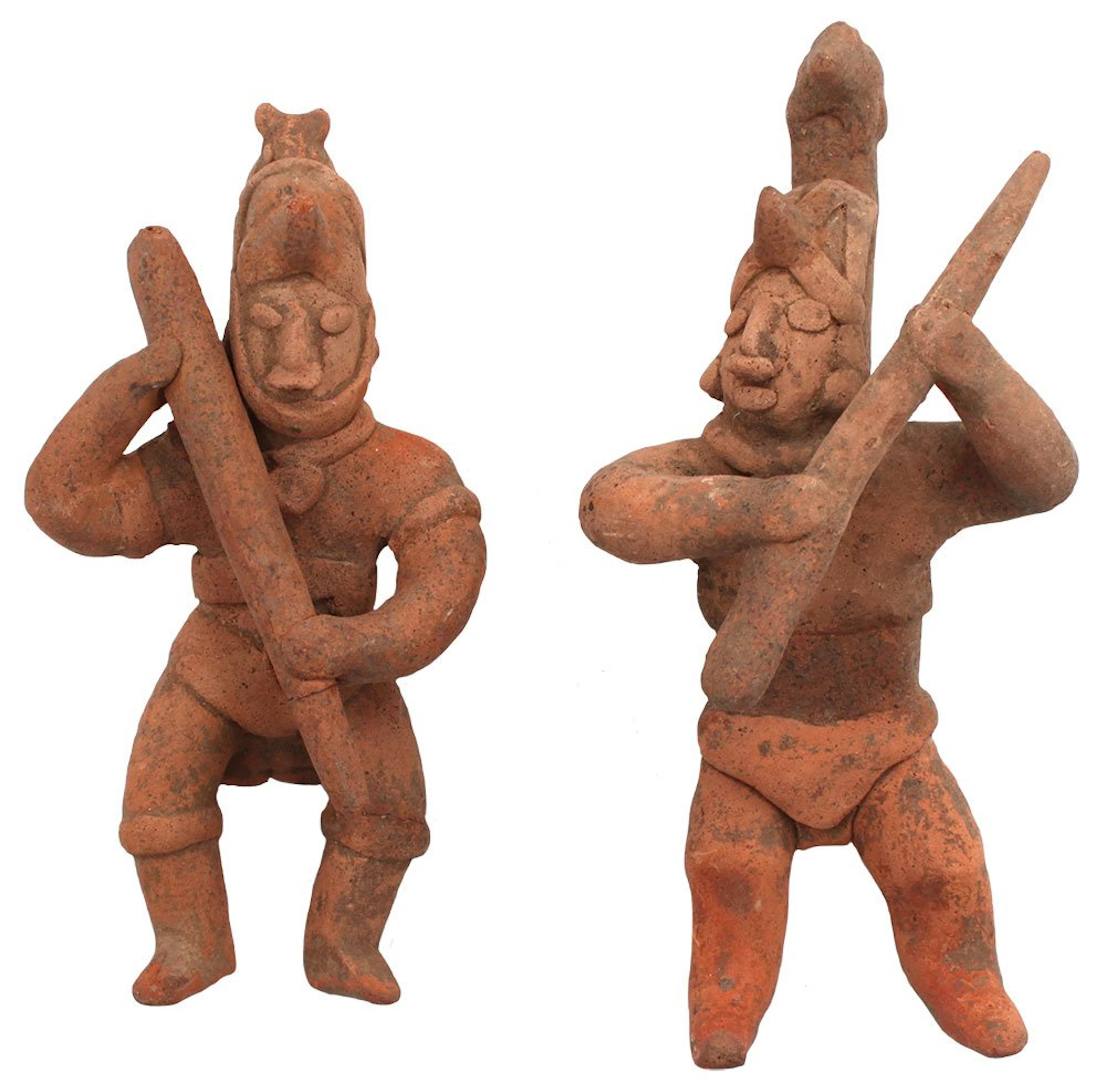 2 Solid Clay Warrior Figures. Western Mexico. These