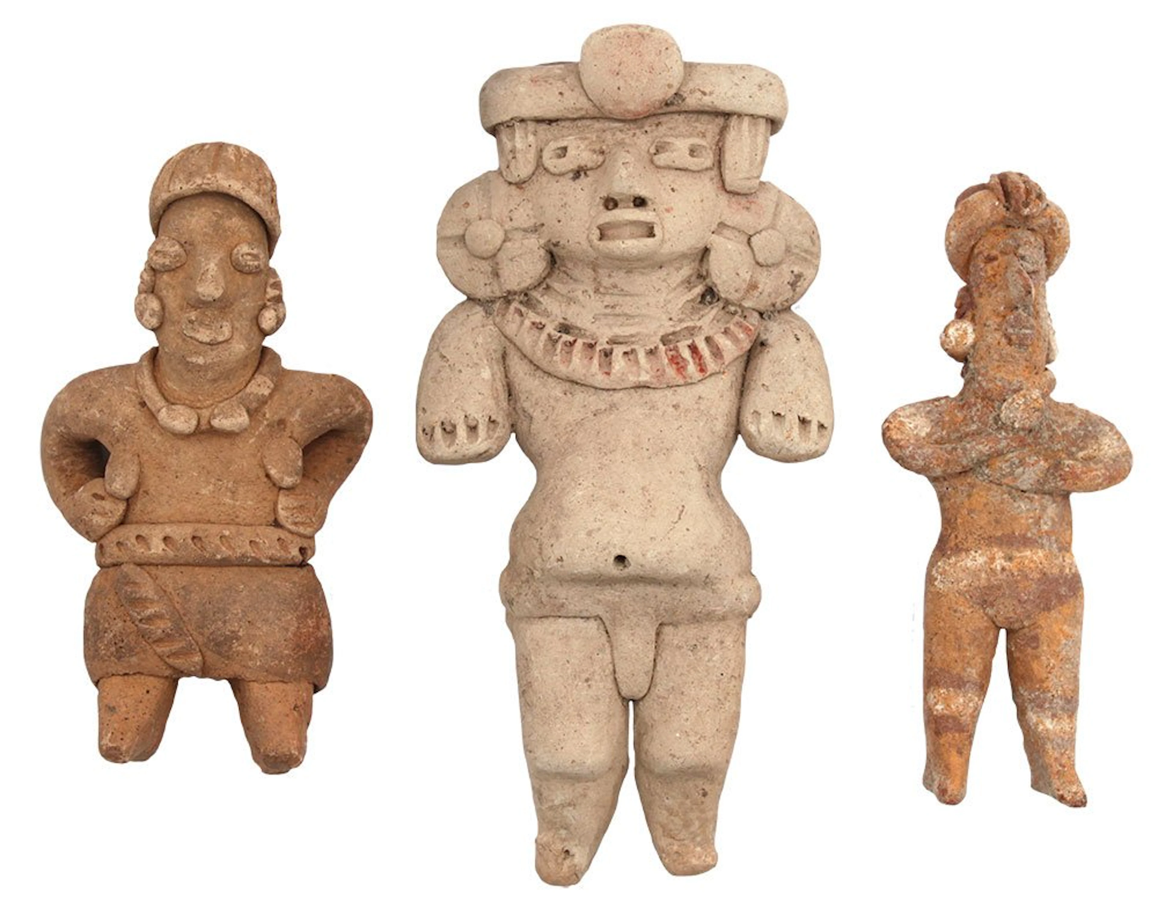 3 Solid Clay Figures. Largest 4 1/2". Fine