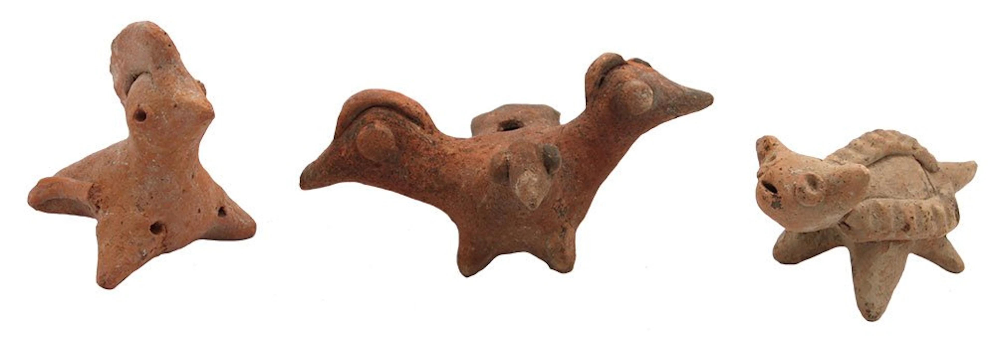 3 Clay Effigy Whistles and Zoomorphic Effigies.