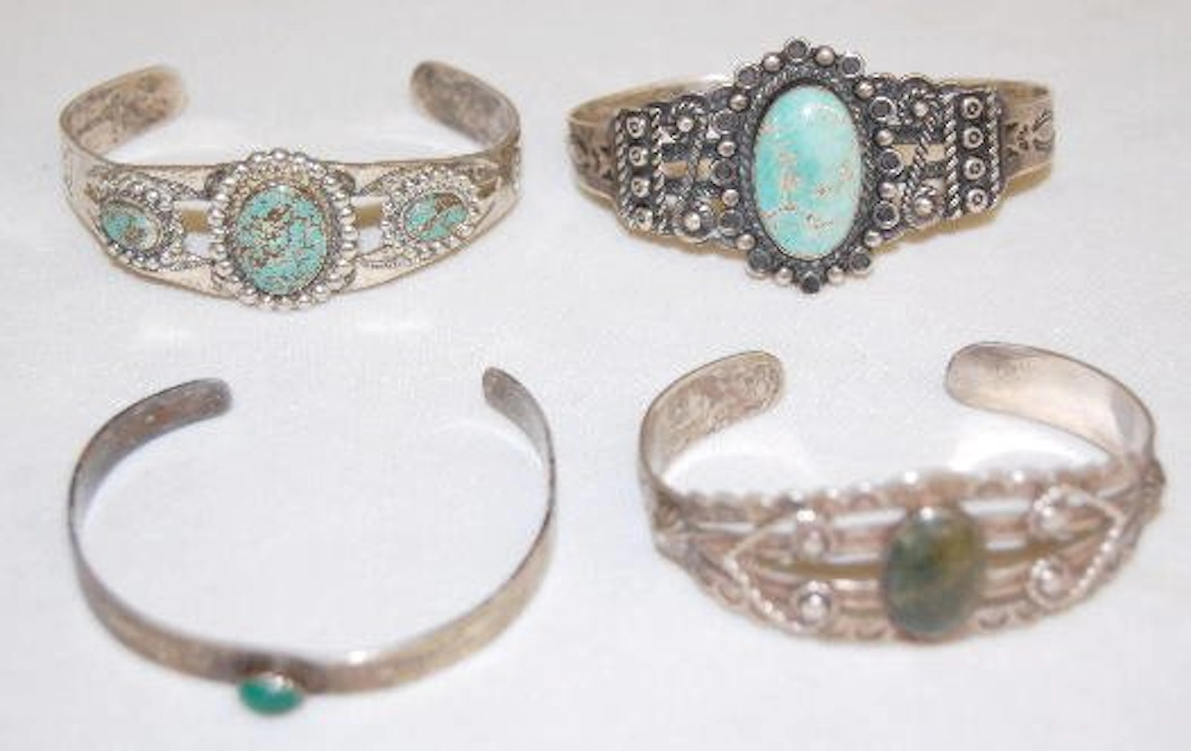 4 Silver Armbands; 3 w/Turquoise, 1 Malachite
