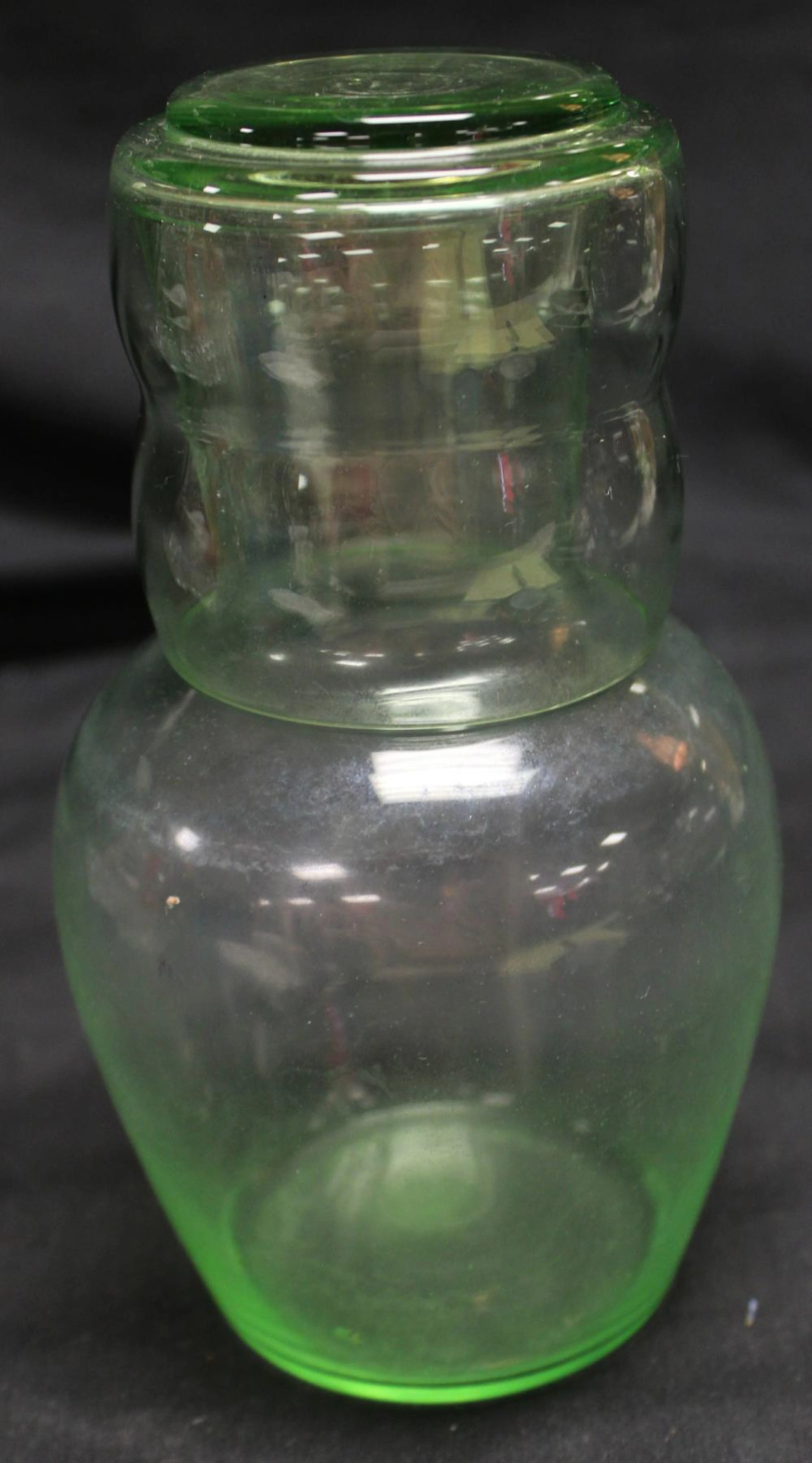 Vintage Green Uranium Tumble Up Bedside Glass Carafe Decanter Set, 6 1/2", EC