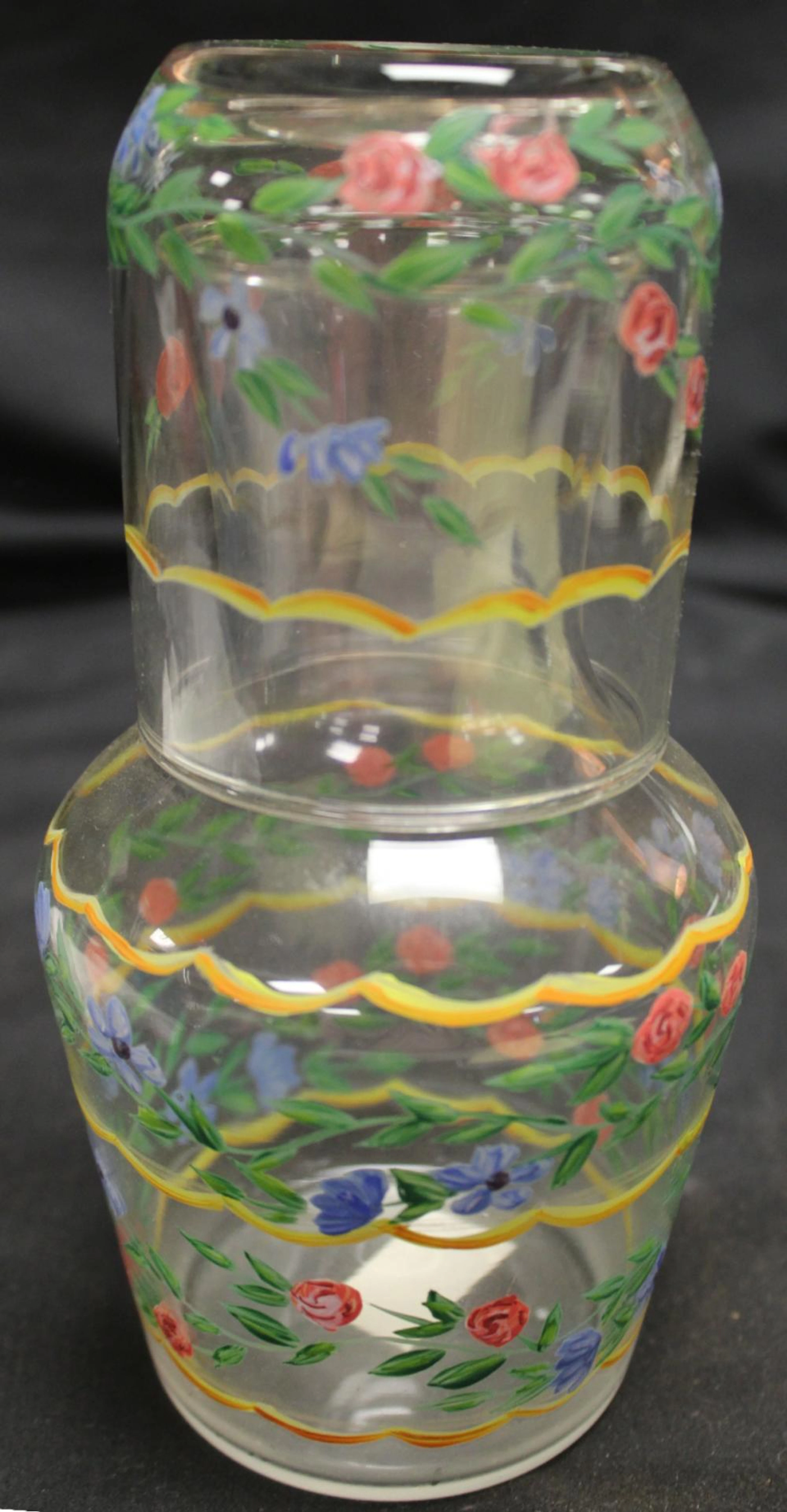 Vintage Hand Painted Glass Bedside Carafe Tumble Up 7 1/2" with Matching Tumbler
