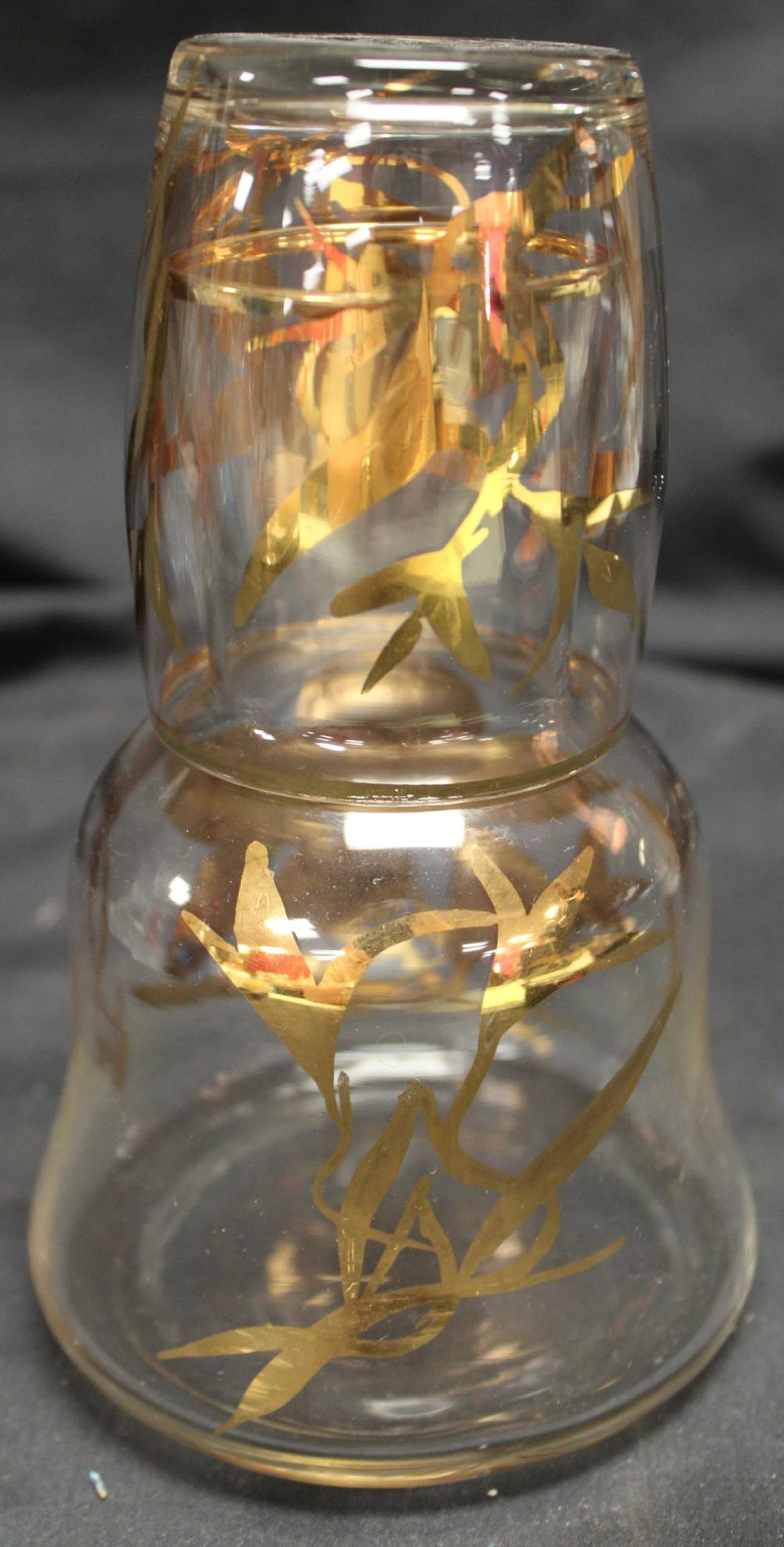 Vintage Hand Painted Bedside Carafe Tumble Up, 6 3/4", Clear Gold Floral, EC