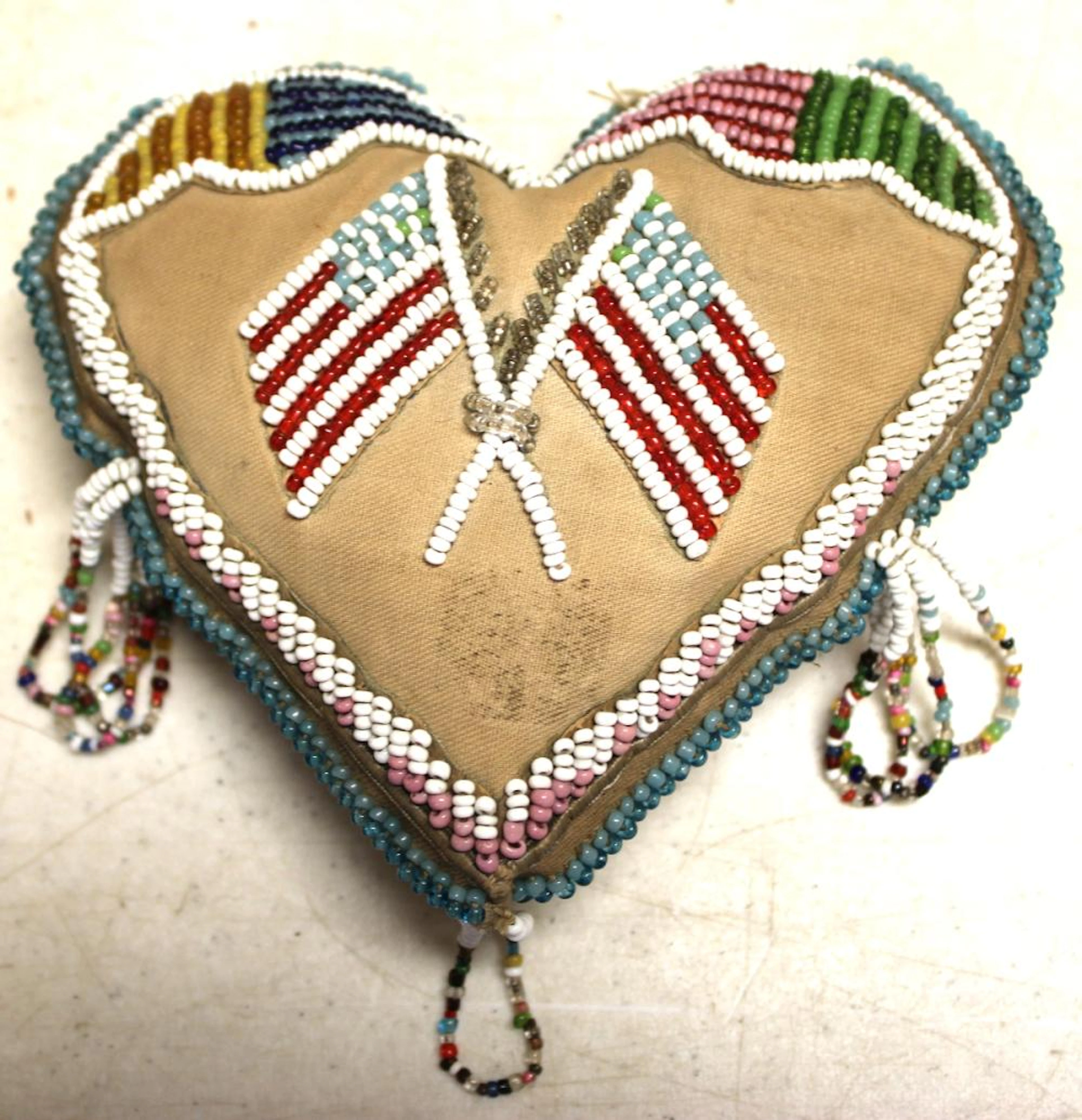 Antique Native American Iroquois Large Beaded heart pin cushion Whimsy, 6" x 5"
