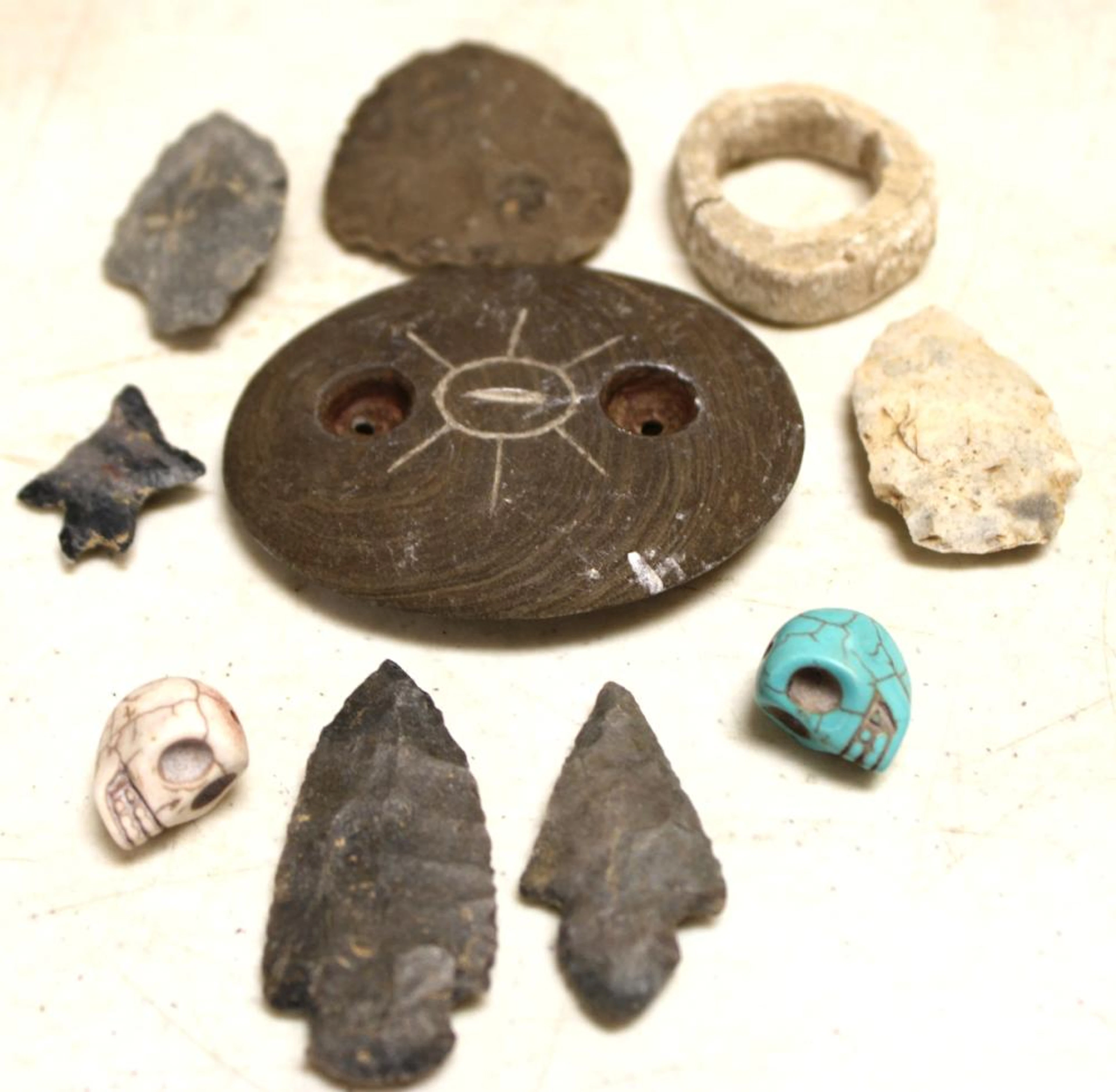 Ten Indian Artifacts, Gorget, Skull Beads, Arrowheads, Etc., Ohio Collectio