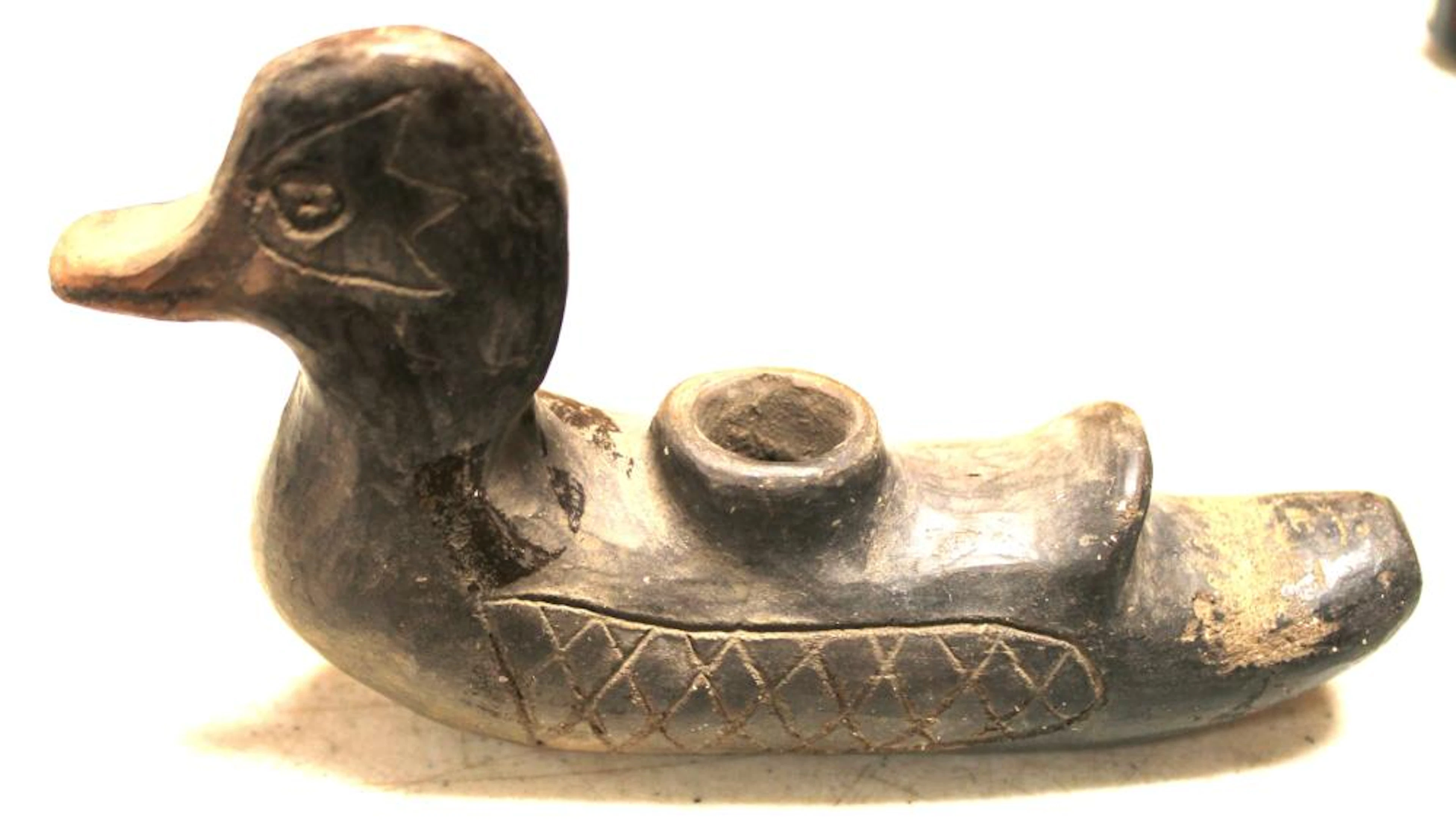 Clay Duck Effigy Pipe, 6 1/2" x 4", Ex Ron Wacker Collectio