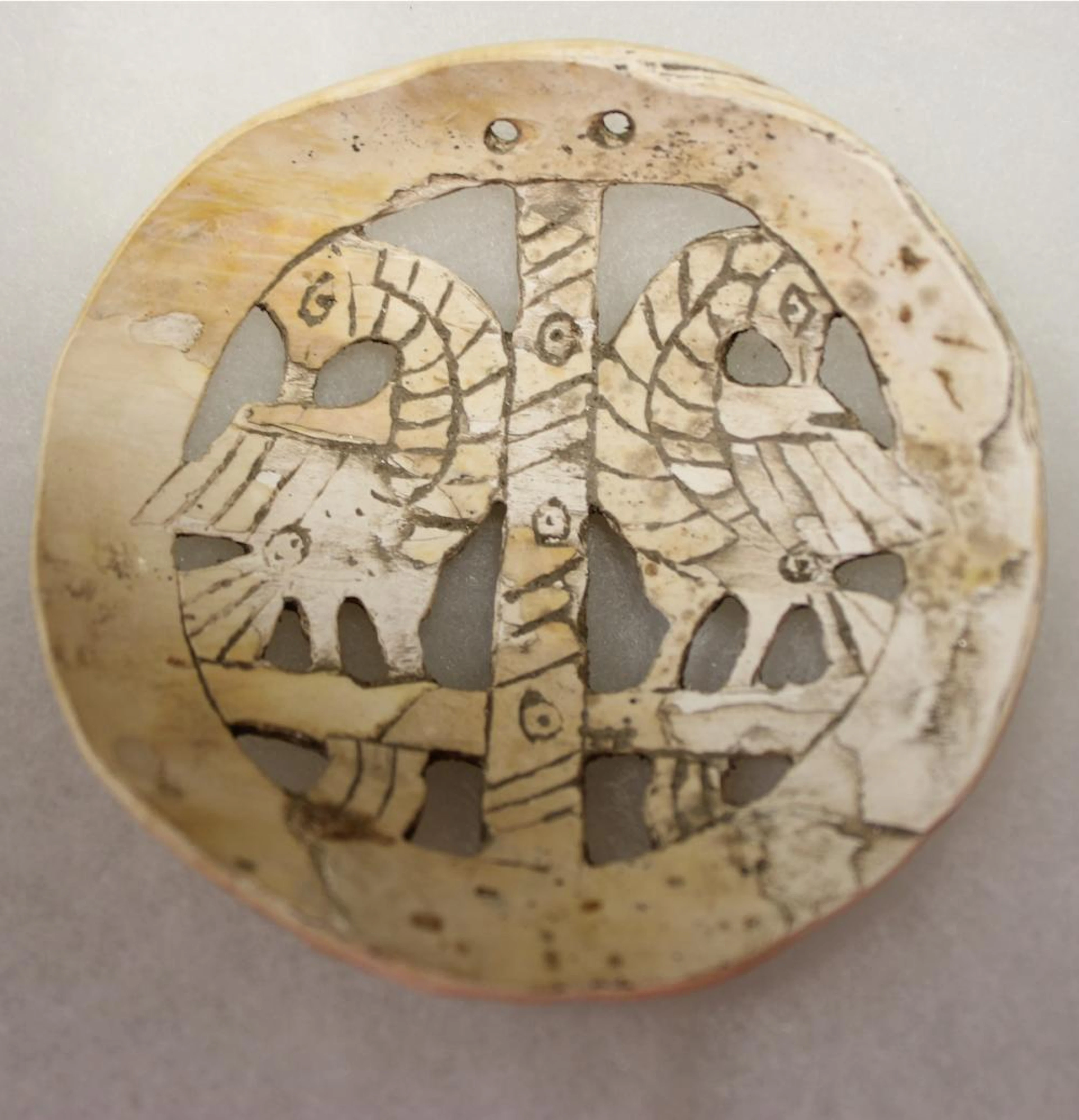 Engraved Shell Gorget, (Birds), 3" Dia, Florida, Ex John Parker Collectio
