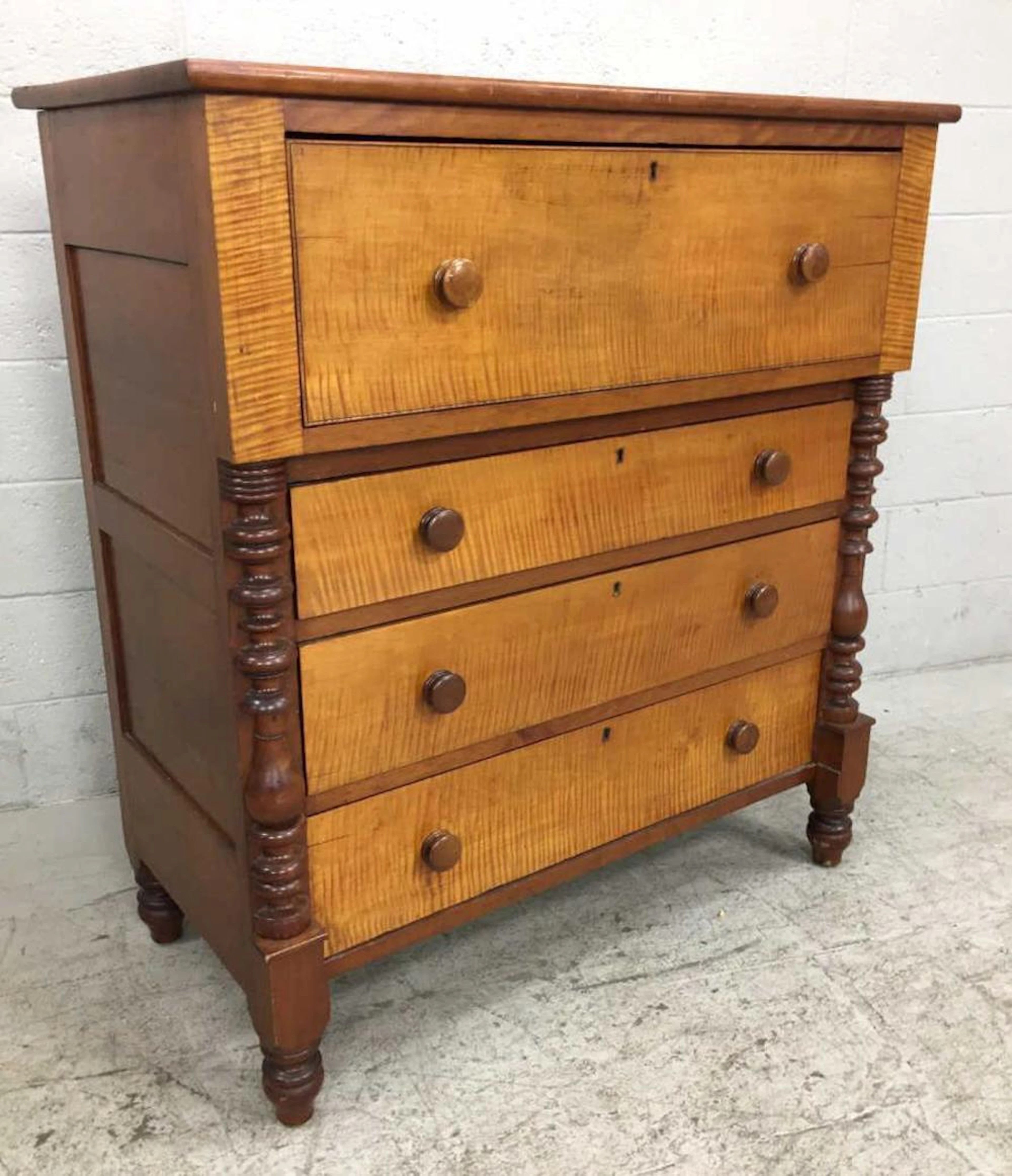 19th C. Tiger Maple Wood Chest of Drawers
