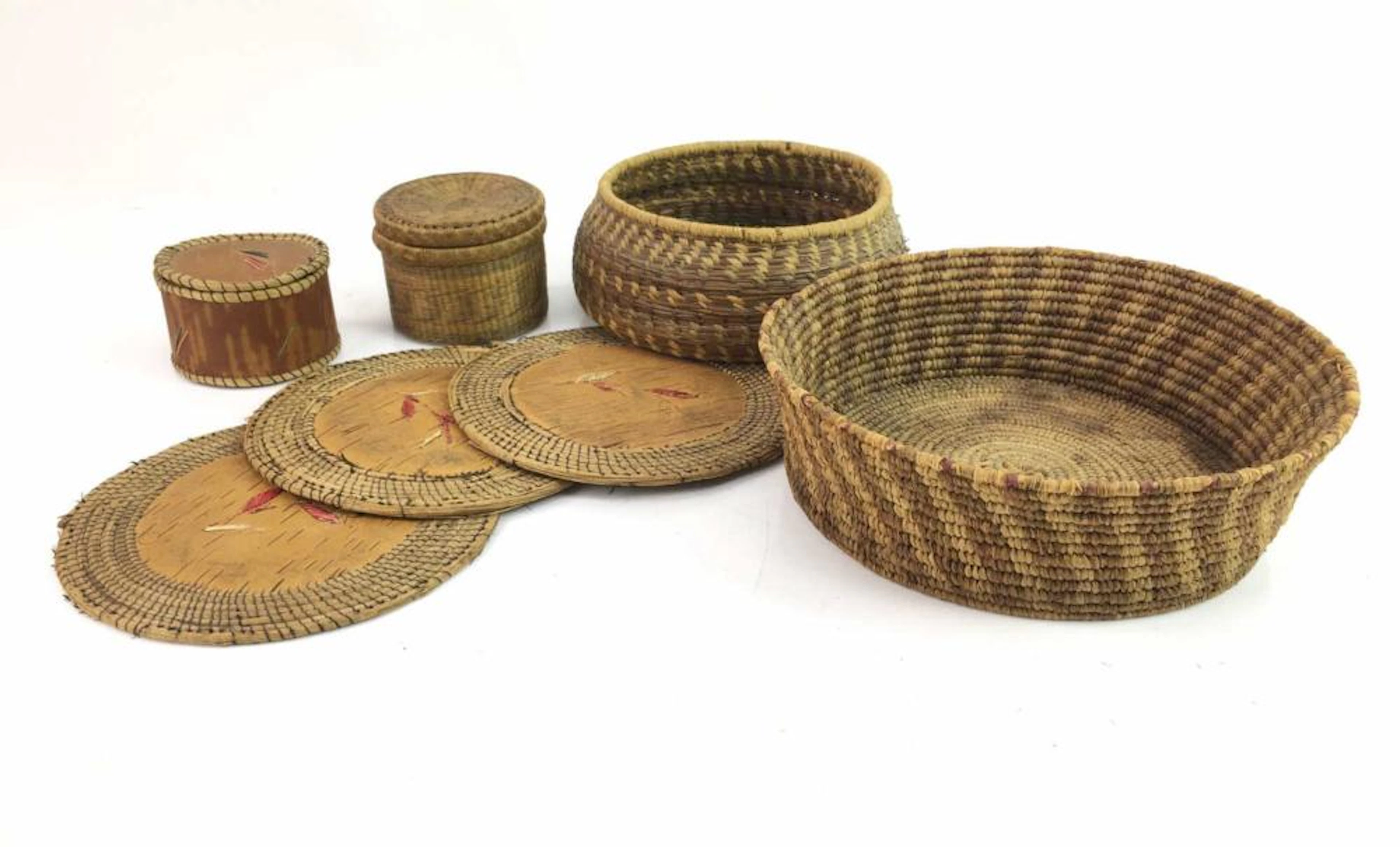 7pc. Native American Woven Birch Bark & Baskets