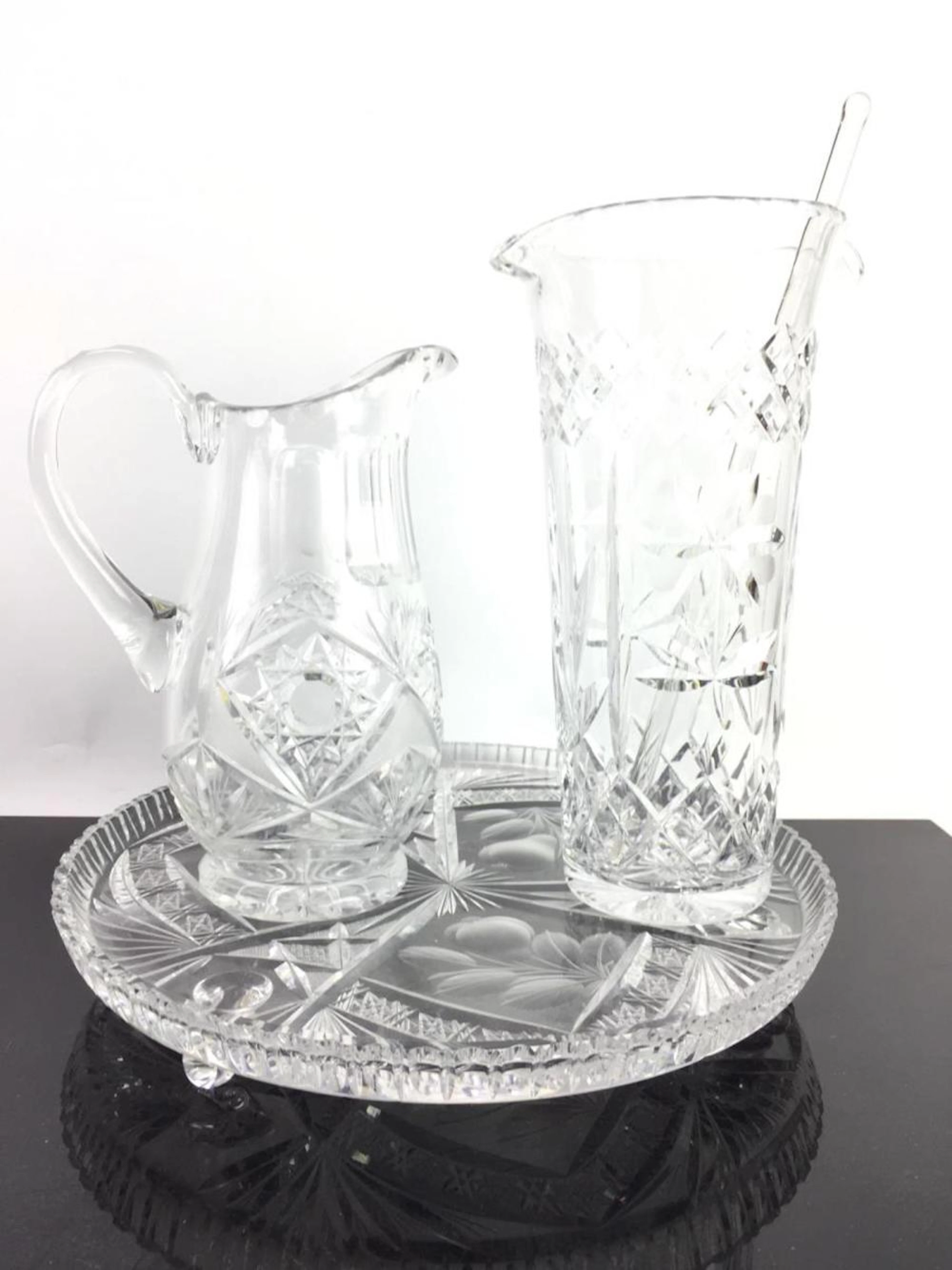 3pc Cut Crystal Pitcher, Mixer & Tray