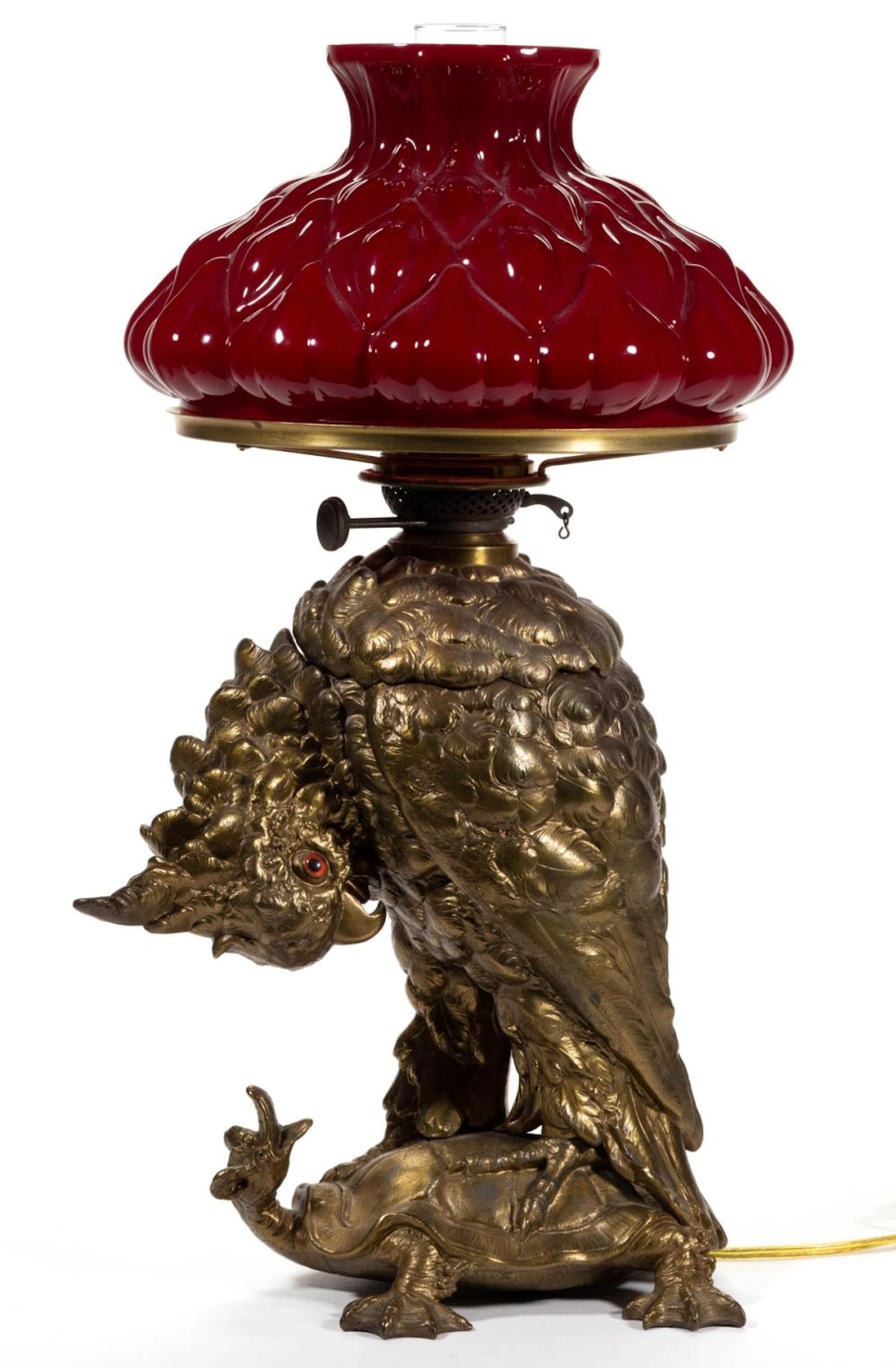 CRAIGHEAD & KINTZ COCKATOO AND TURTLE FIGURAL BRONZE KEROSENE BANQUET LAMP