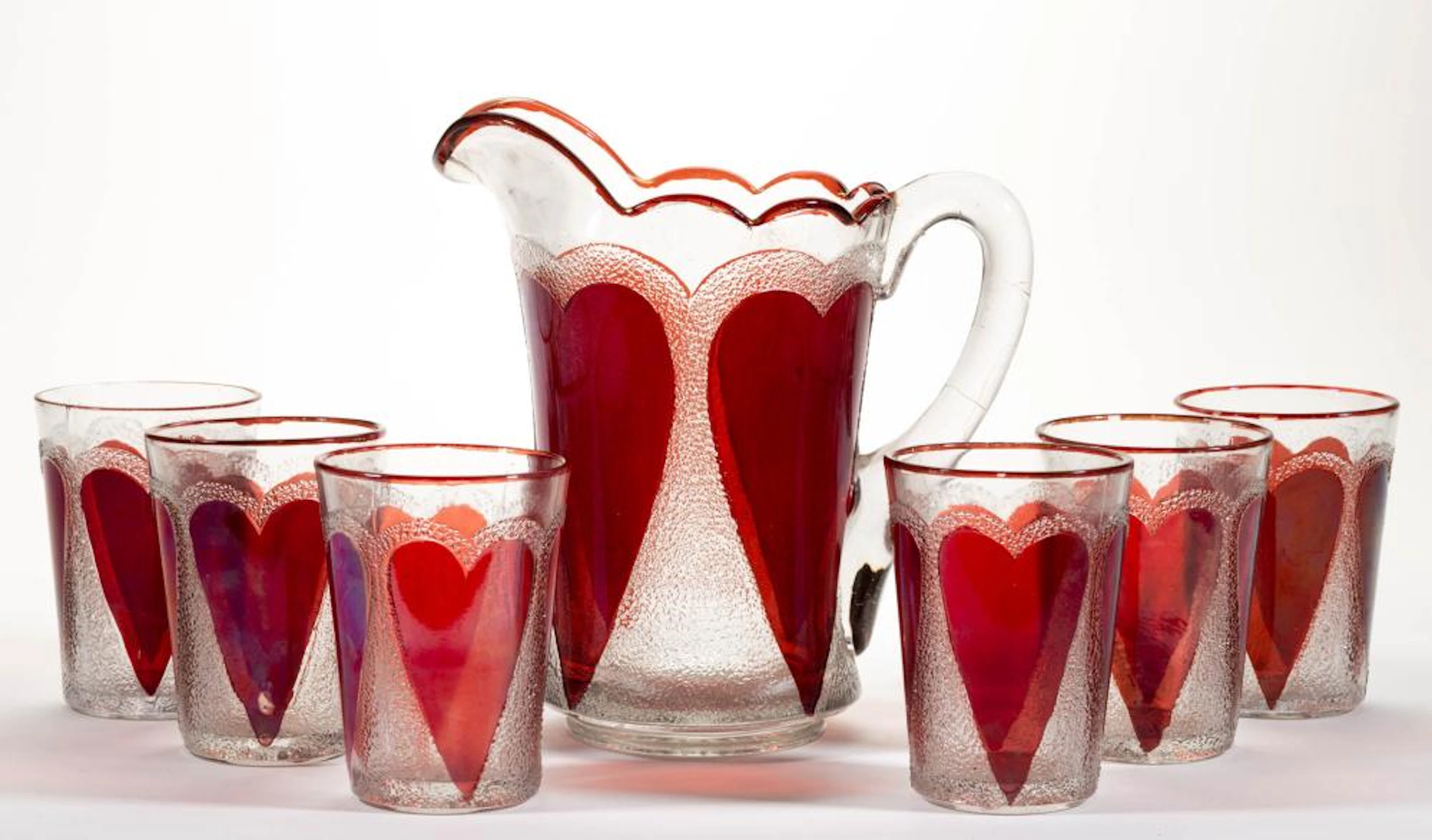 NEW MARTINSVILLE NO. 724 / HEART IN SAND - RUBY-STAINED SEVEN-PIECE WATER SET