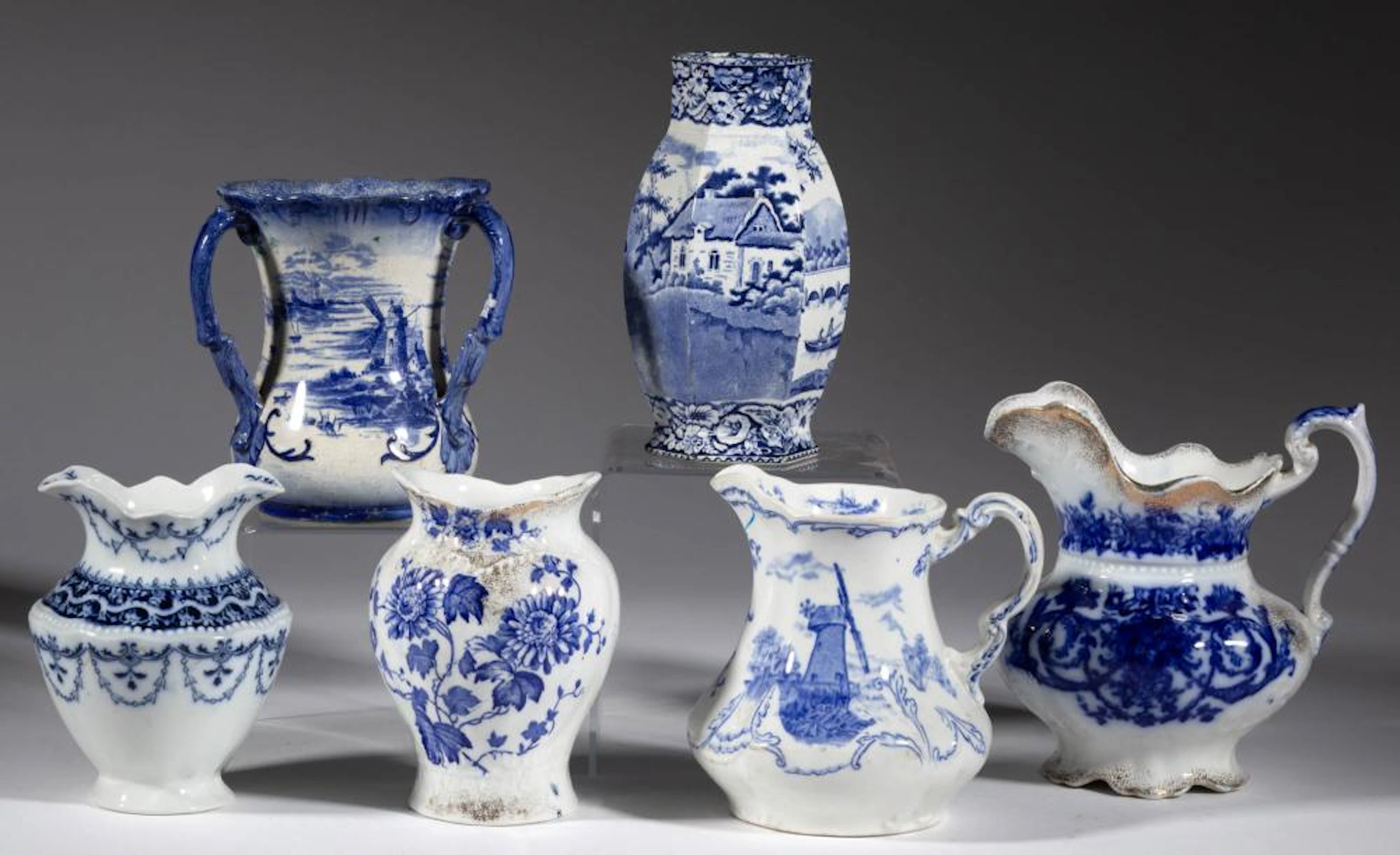 ENGLISH STAFFORDSHIRE BLUE TRANSFER-PRINTED CERAMIC ARTICLES, LOT OF SIX
