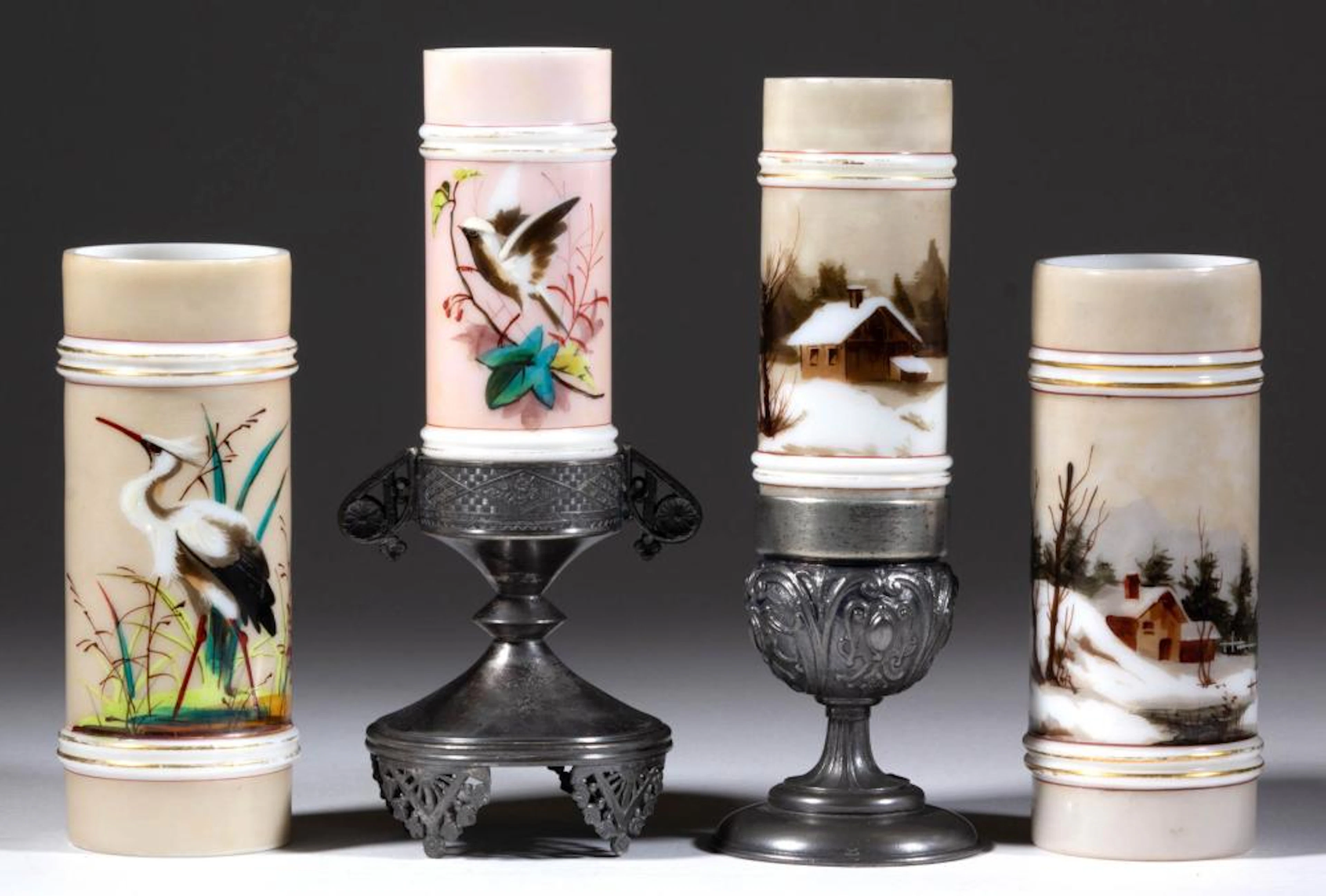 DECORATED OPAL RING VASES, LOT OF FOUR