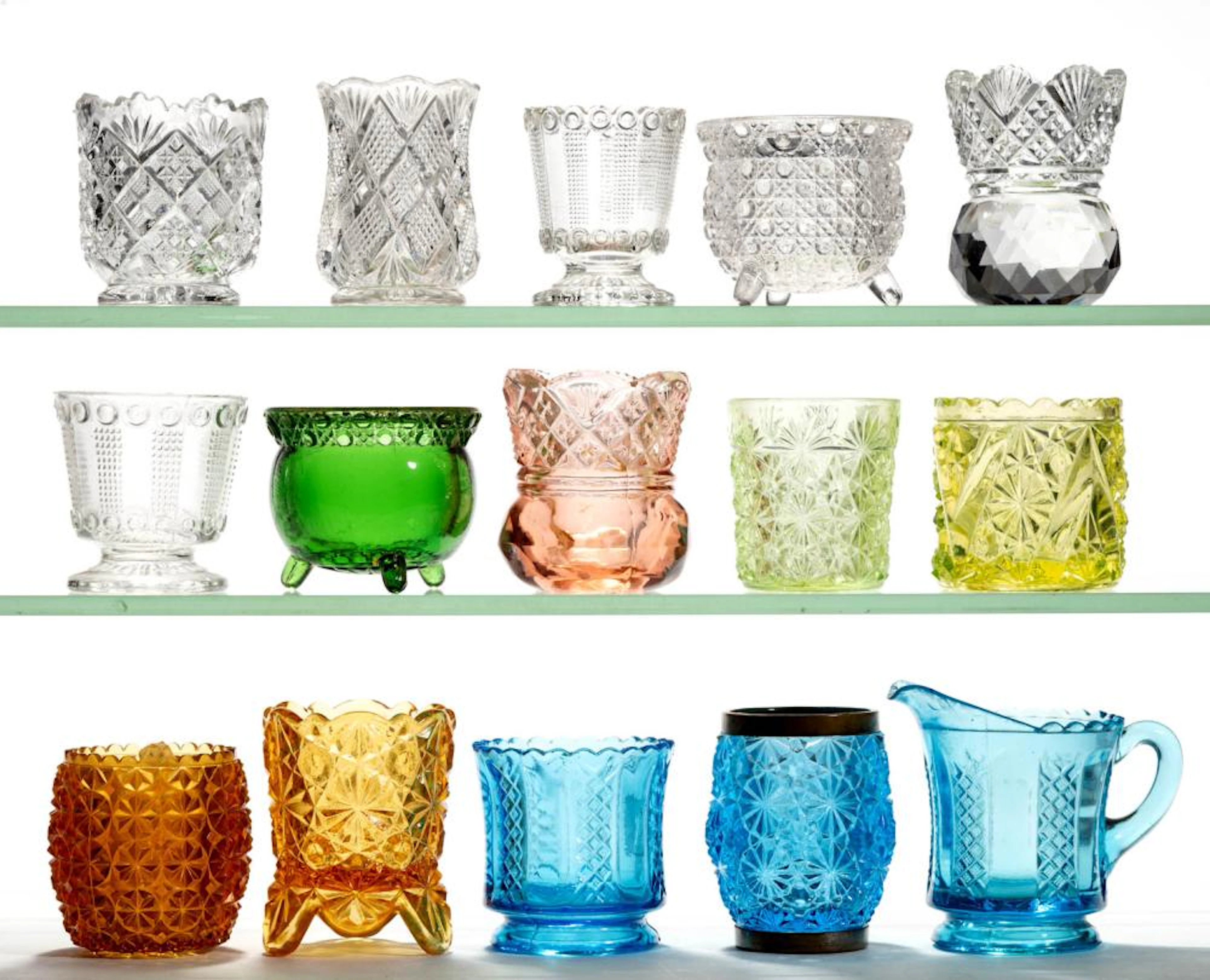 ASSORTED PRESSED GLASS TOOTHPICK HOLDERS / CHILDREN'S TOYS, LOT OF 15