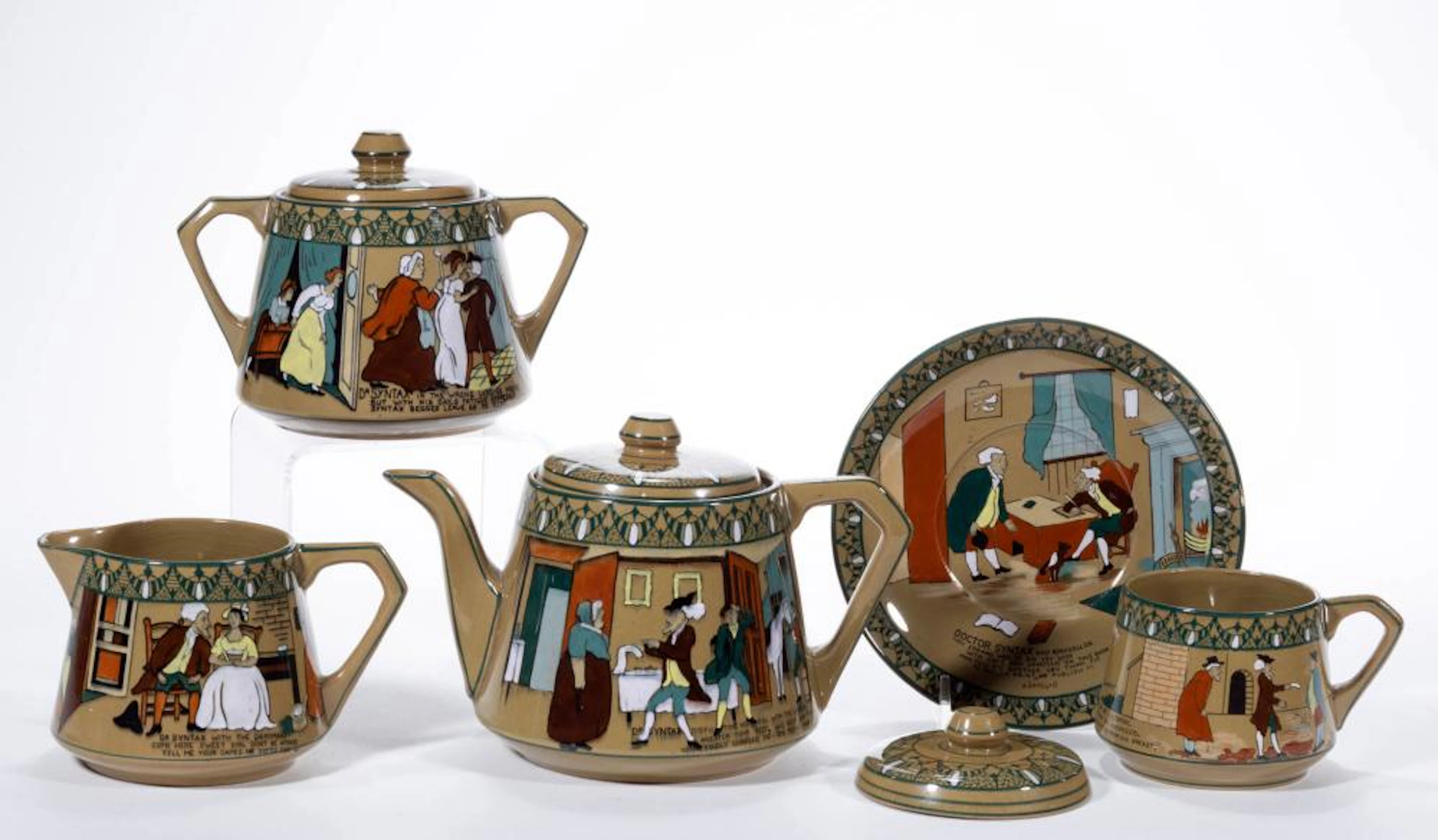 AMERICAN BUFFALO POTTERY EMERALD DELDARE DR. SYNTAX CERAMIC TEA SET, FIVE PIECES