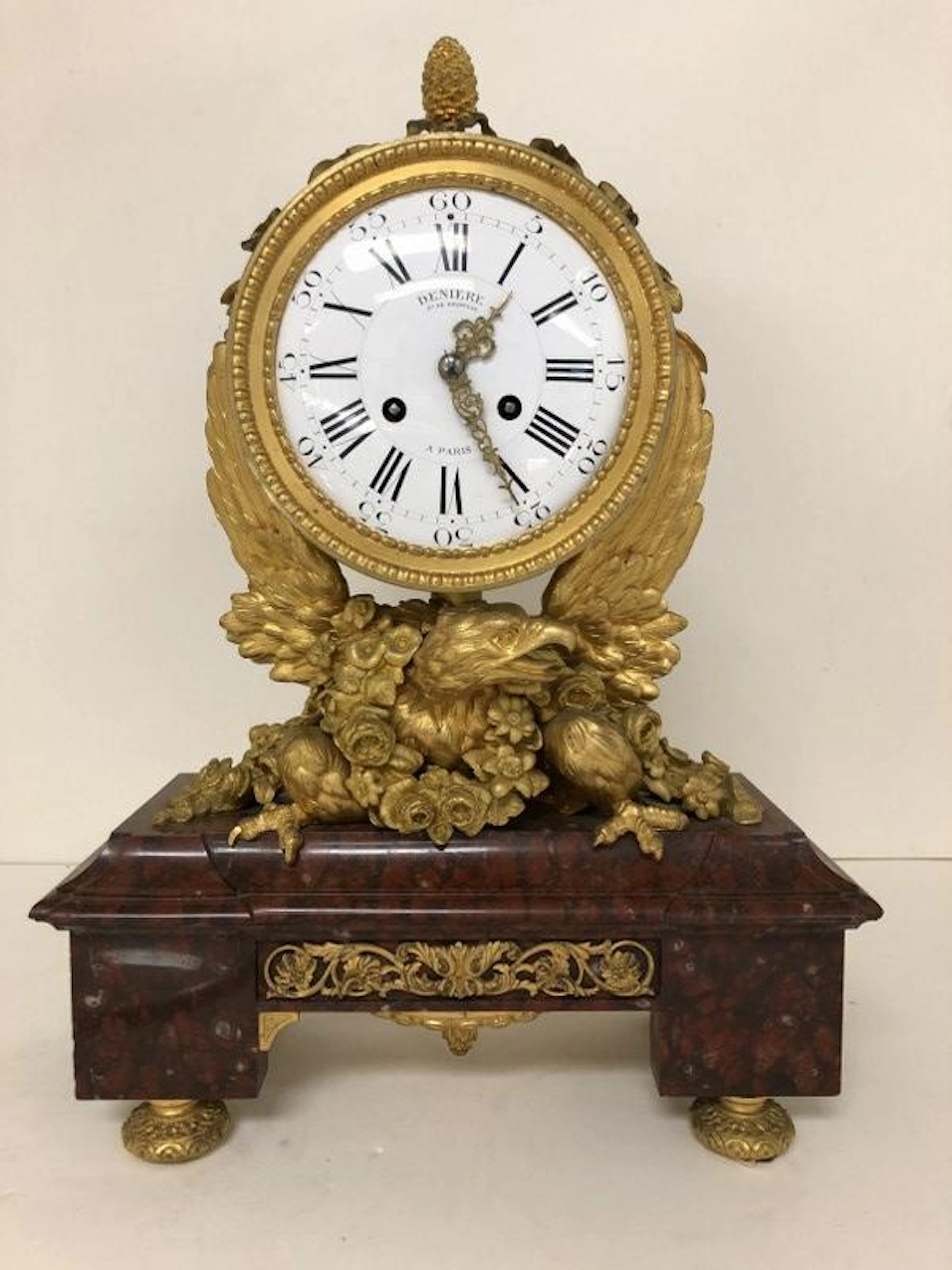DENIERE FRENCH GILT BRONZE & MARBLE MANTLE CLOCK W/FULL